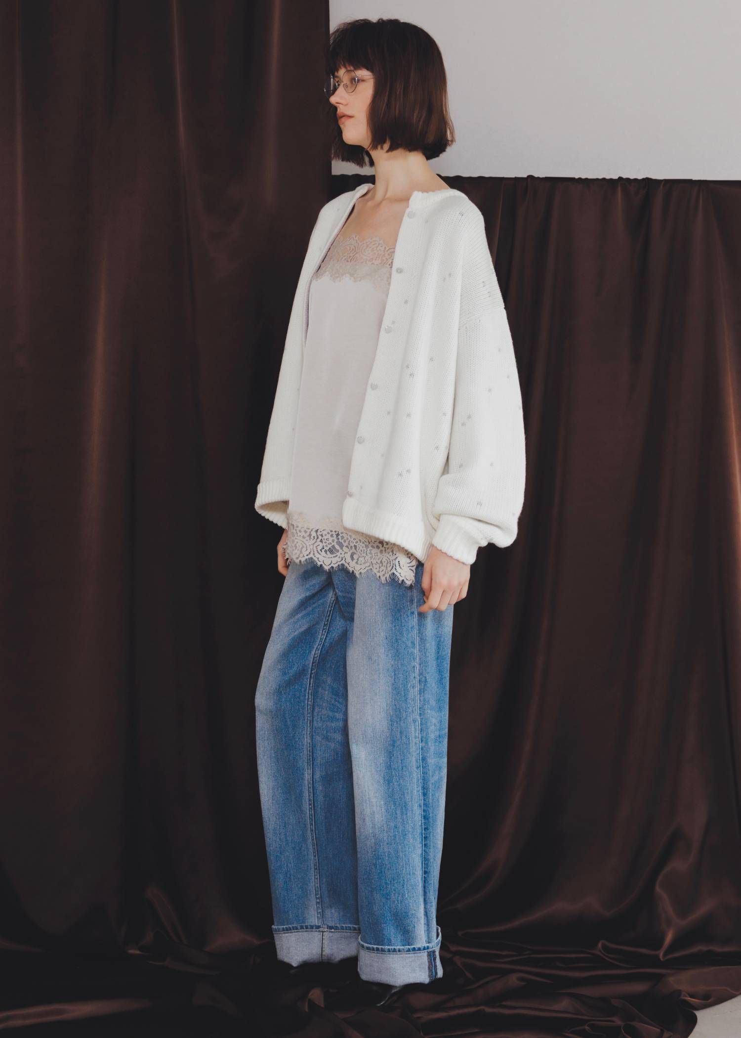 【ロング】ハートドット リバーシブルカーディガン (アイボリー×アイス) long heart dot jacquard reversible knit cardigan (ivory×ice) /  26SS