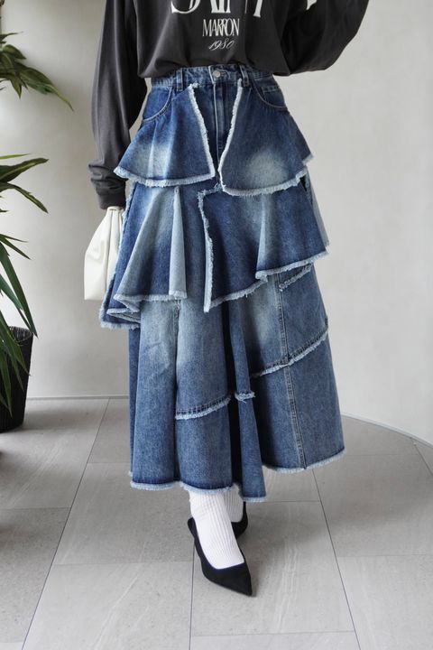 ランダム ティアードフリル デニムスカート (ブルー) random tiered frill denim SK (Blue) /  26SS