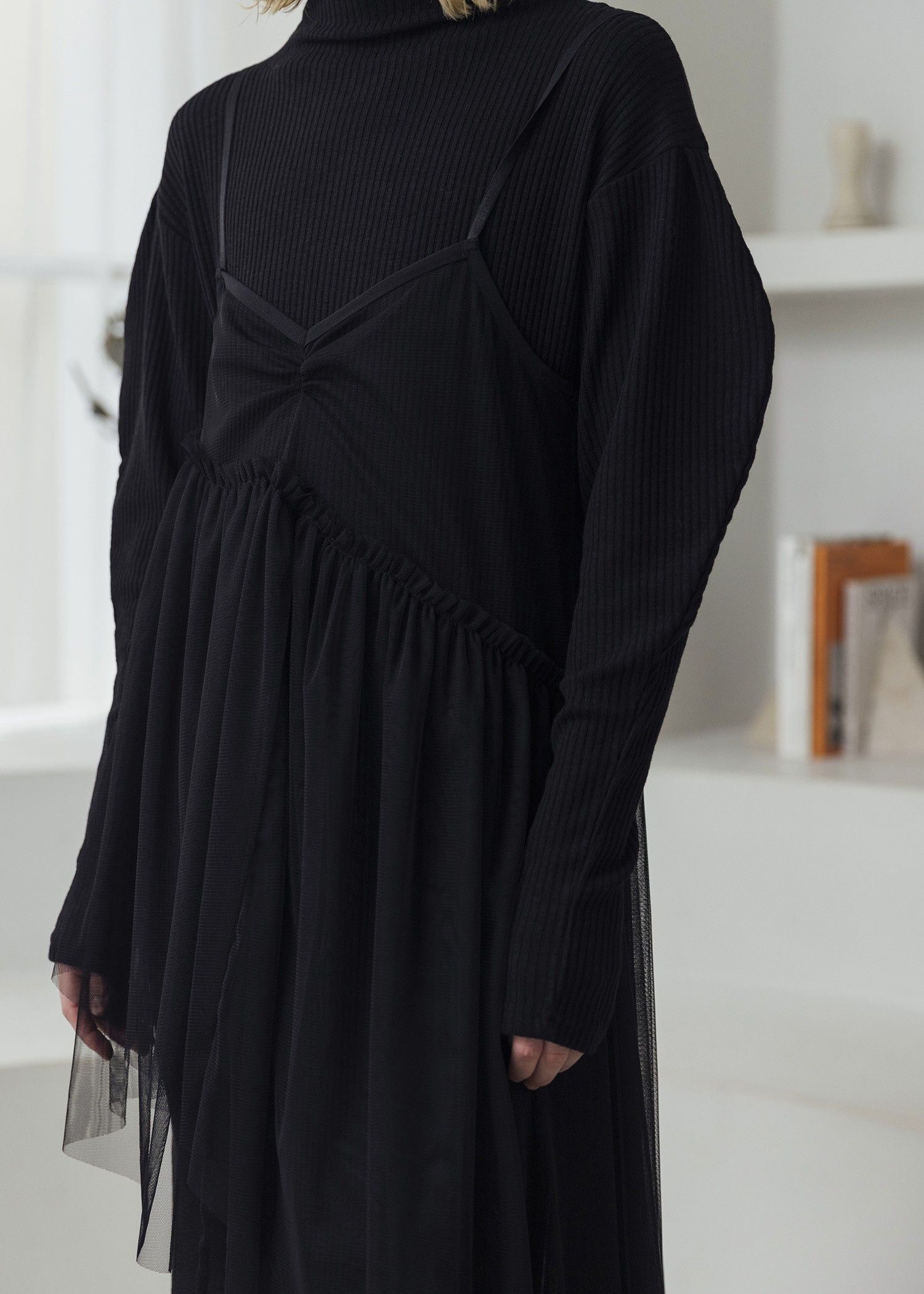 volume sleeve high neck rib OP / ハイネックリブワンピース (ブラック) / 25AW /