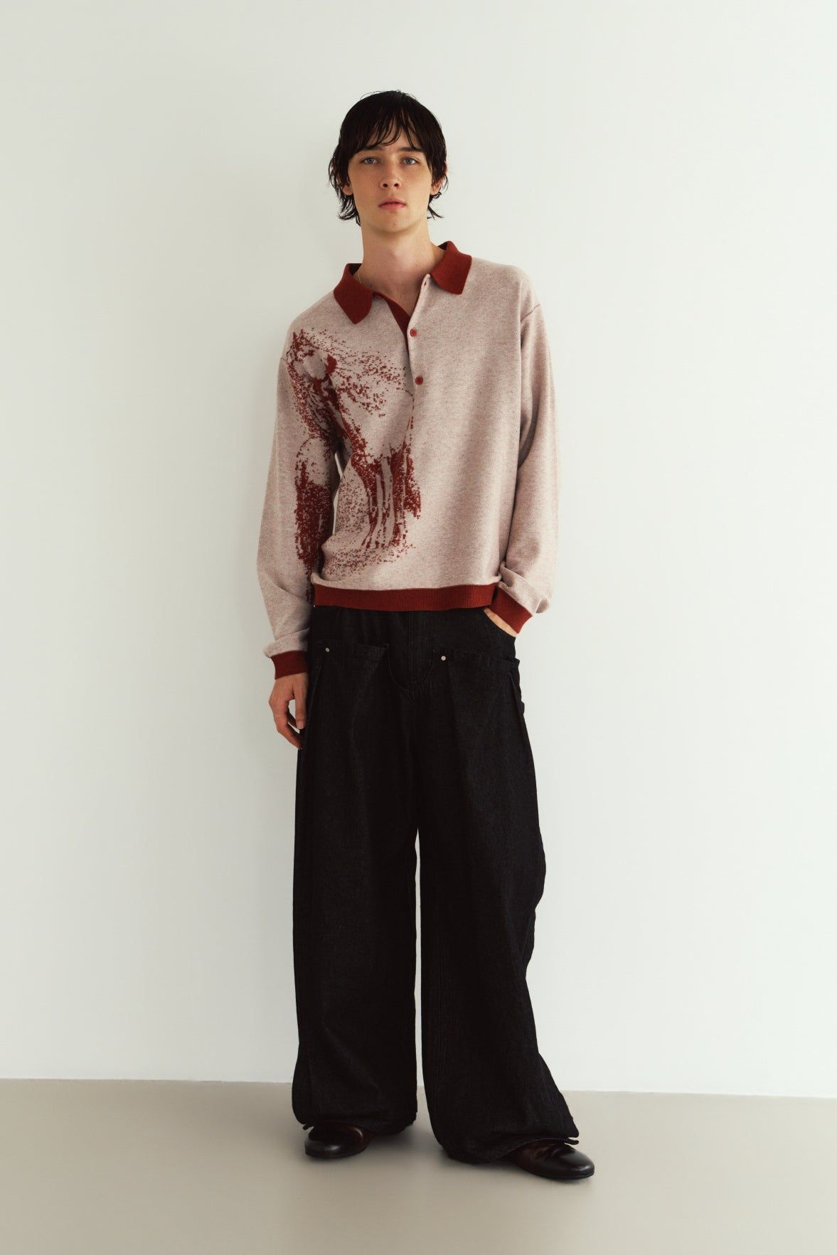 リバーシブル ジャガードポロニット (レッド) reversible jacquard polo knit(unisex) (Red) / 26AW