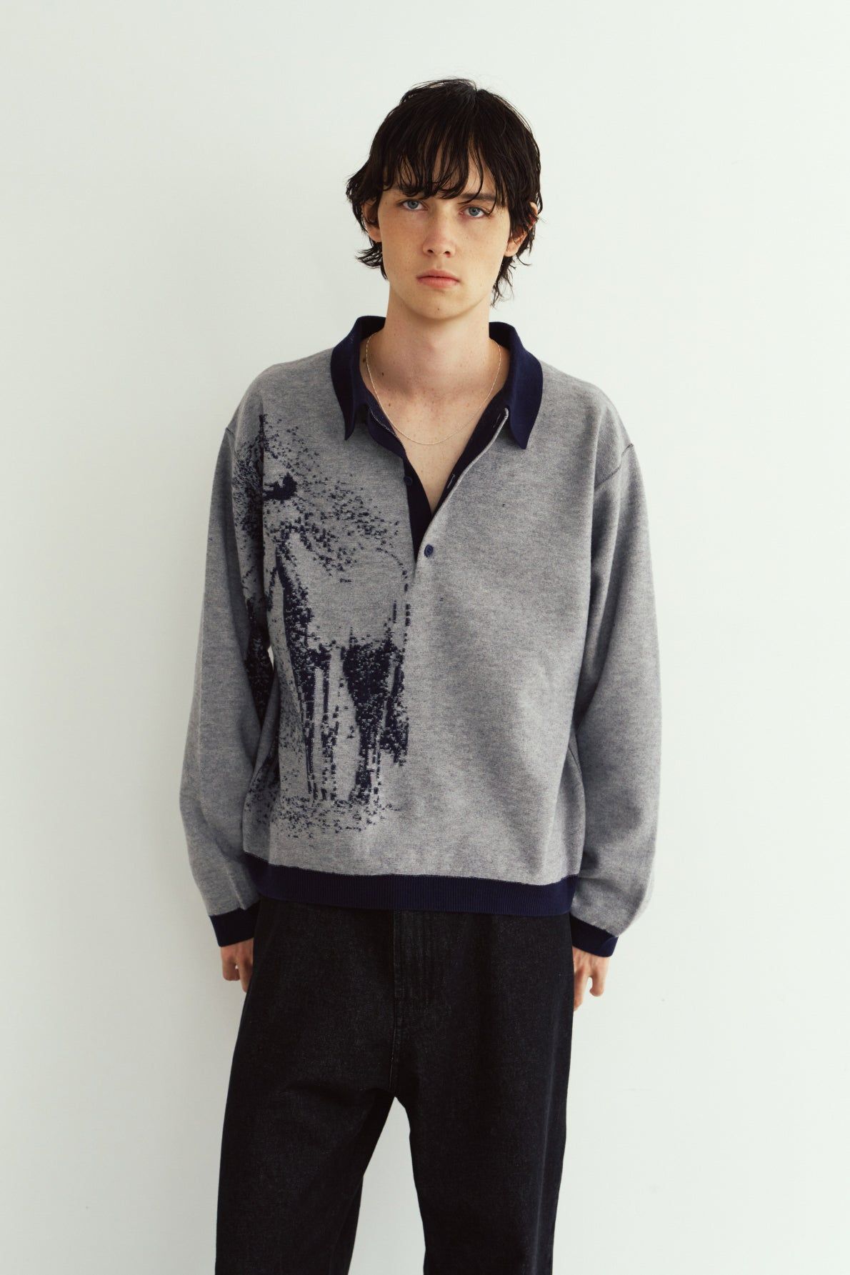 リバーシブル ジャガードポロニット (ネイビー) reversible jacquard polo knit(unisex) (Navy) / 26AW