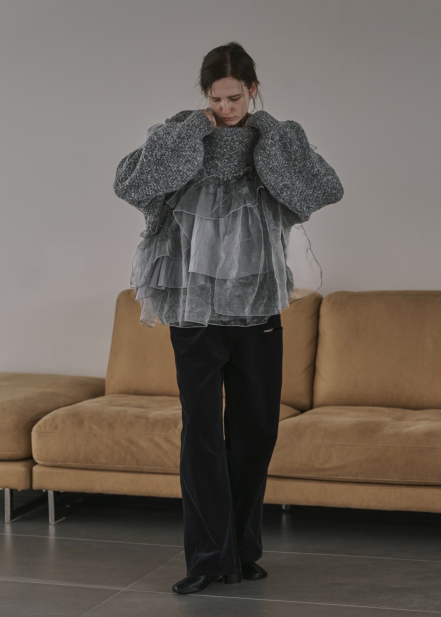 random frill placement volume sleeve knit / ランダムフリルニット (チャコール) / 25AW /