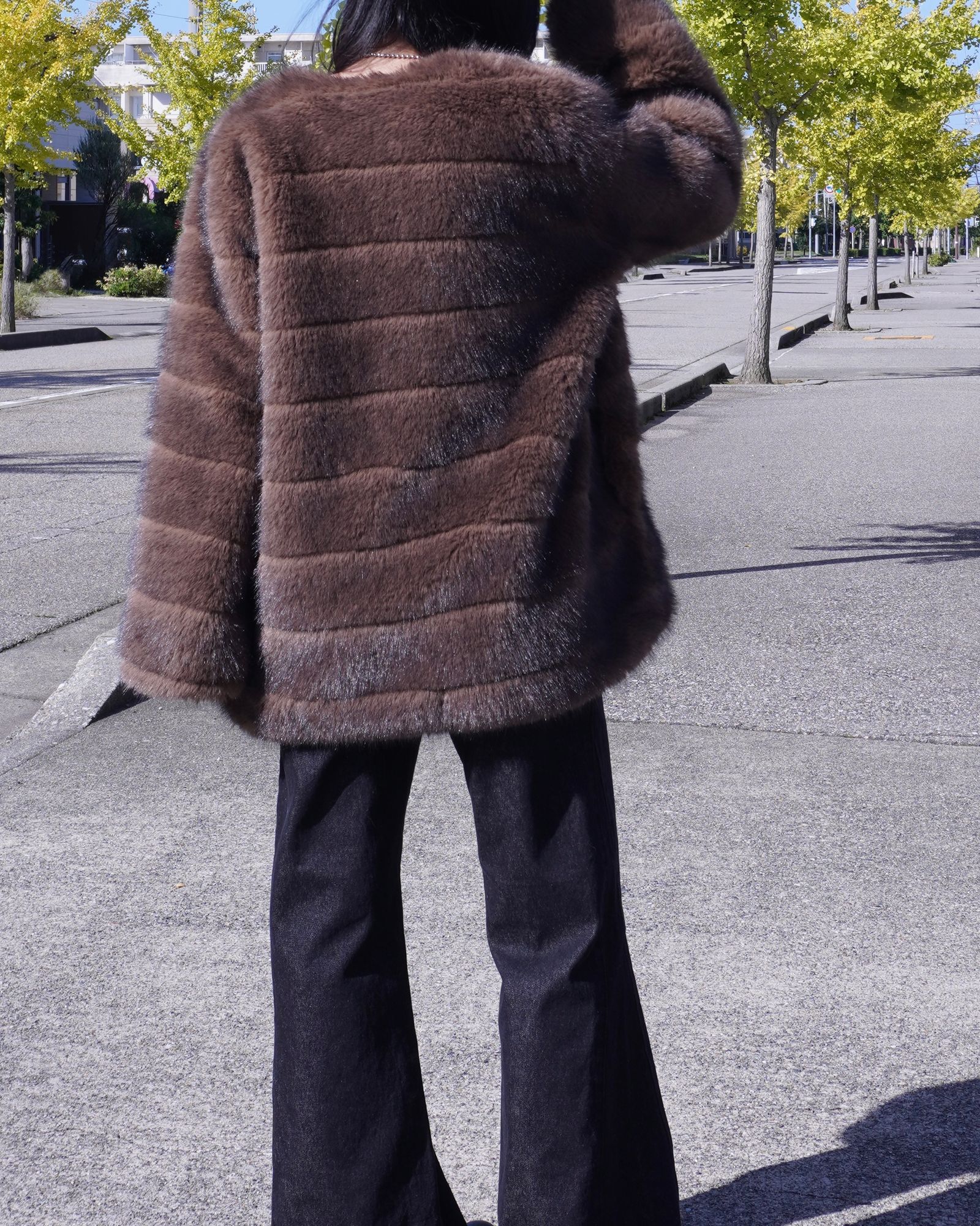 【25AW】Border Fur Coat (ブラウン) / ボーダーファーコート / エコファー / フェイクファー