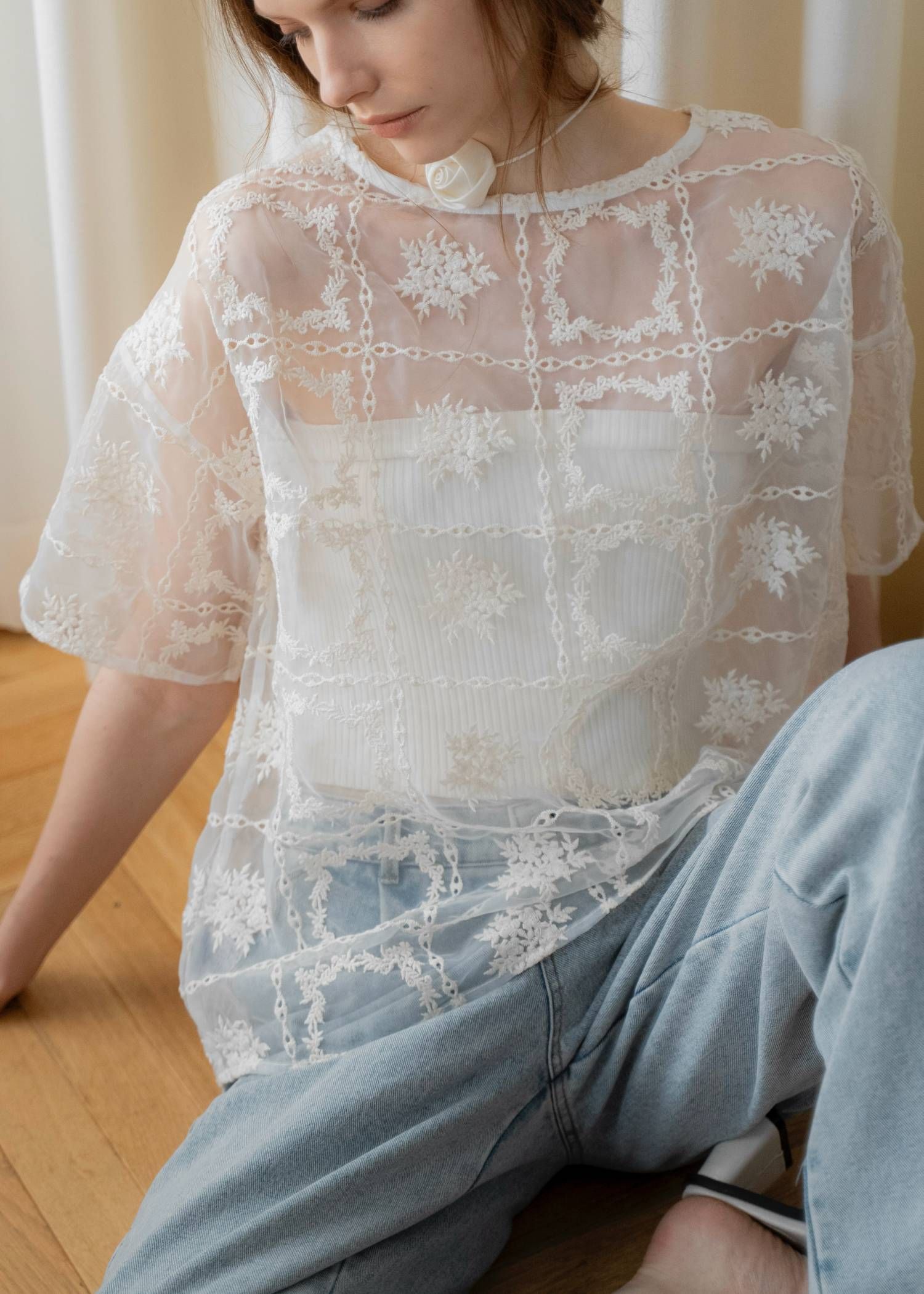 レースビッグTシャツ & リブトップス セット (Natural) square lace big tee & rib tops SET (ナチュラル) /  26SS