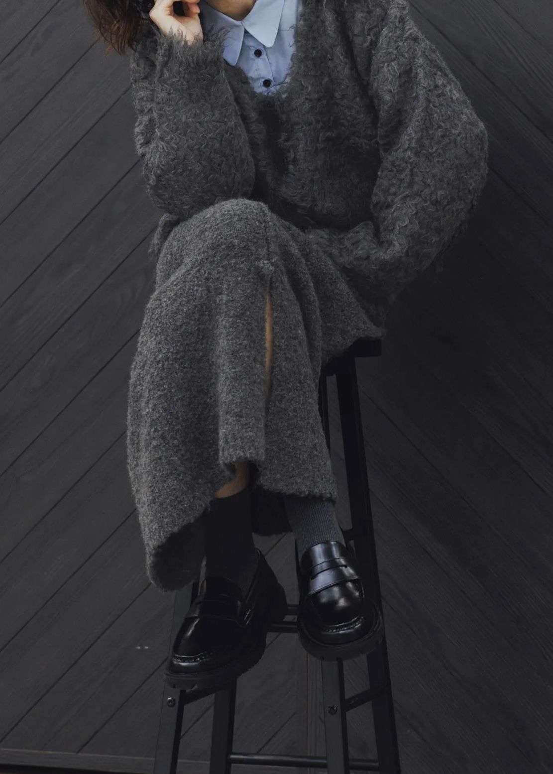 boucle pencil knit SK / ブークレ ペンシルニットスカート (チャコール) / 25AW