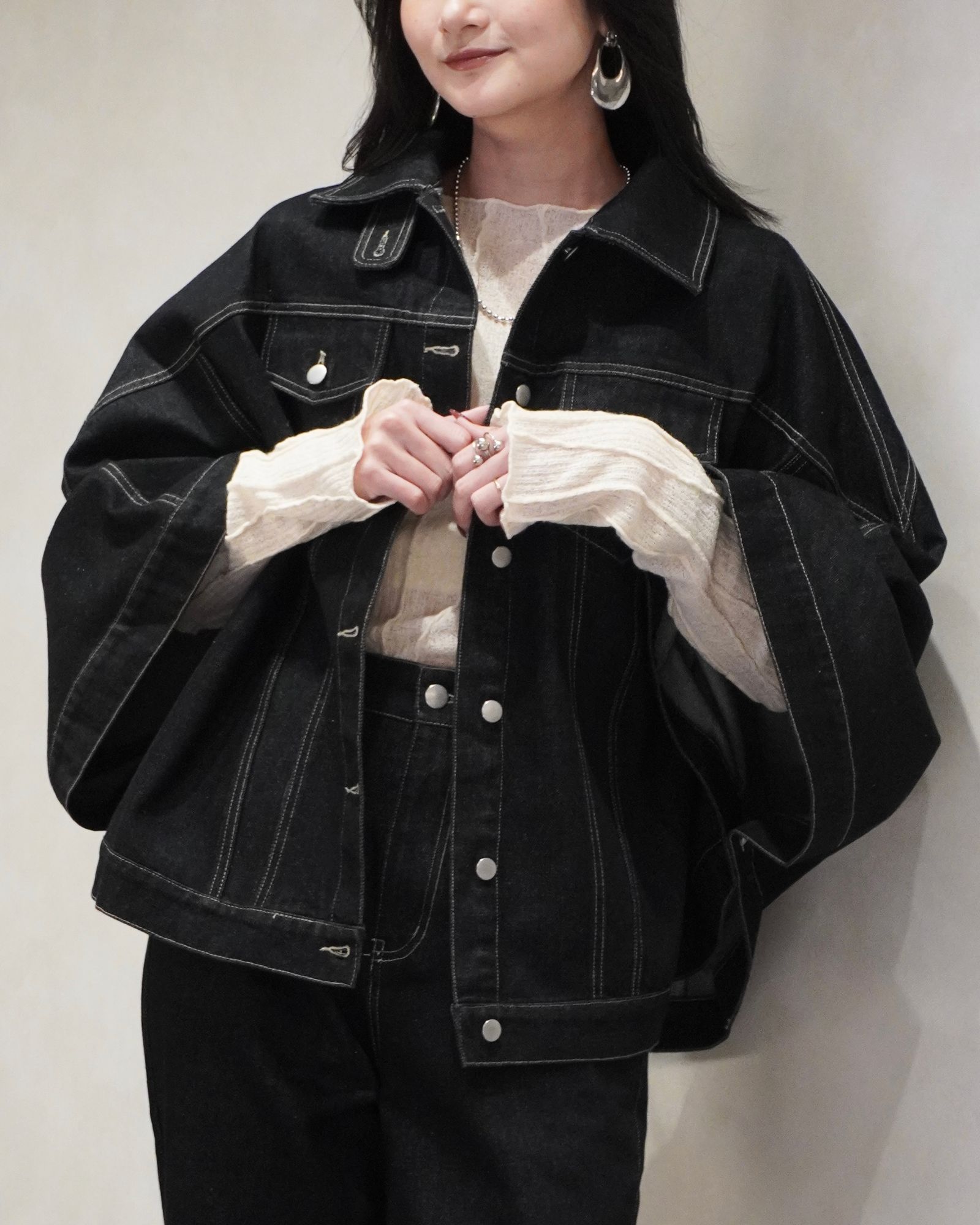 trucker detail denim poncho JK / トラッカー ポンチョ デニムジャケット (Black) / 26SS