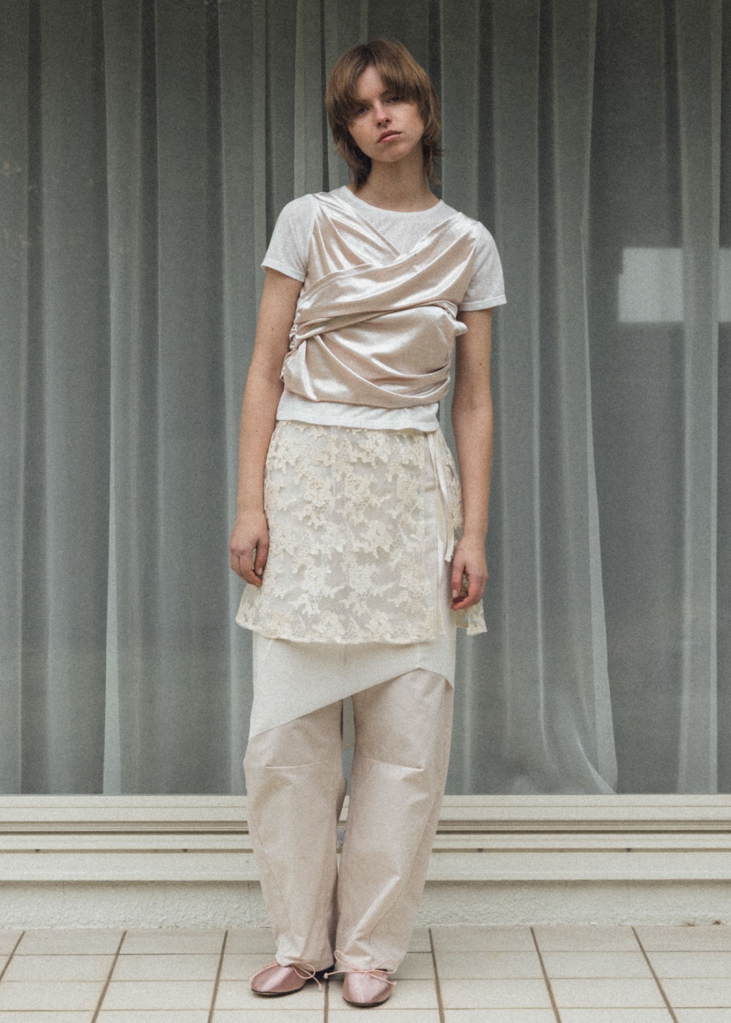 ベロア ドレープ Tシャツ (アイボリー) cache coeur mix slub velour tops (Ivory) /  26SS