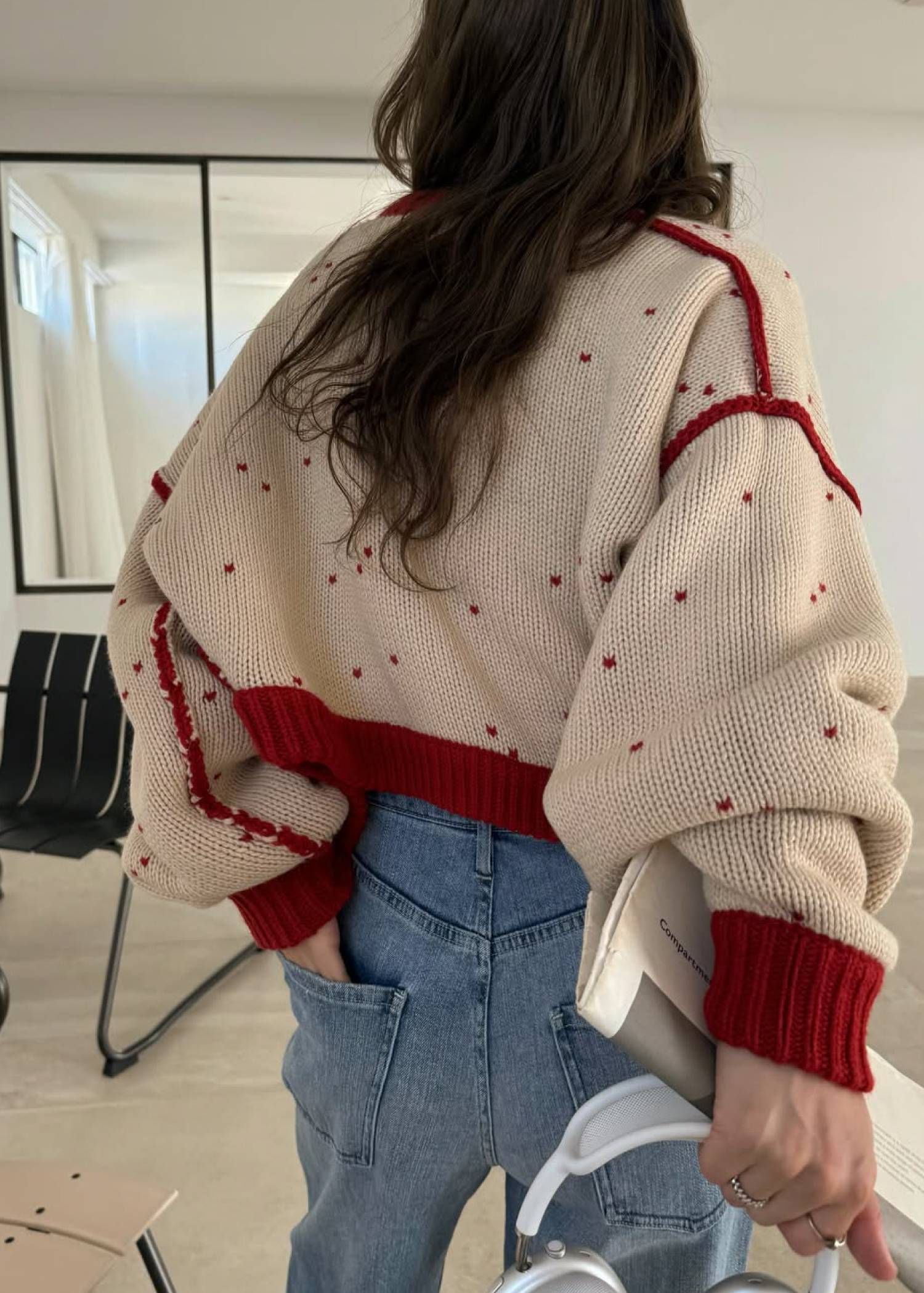 【ショート】ハートドット リバーシブルカーディガン (レッド×タン) short heart dot jacquard reversible knit cardigan (red×tan) /  26SS