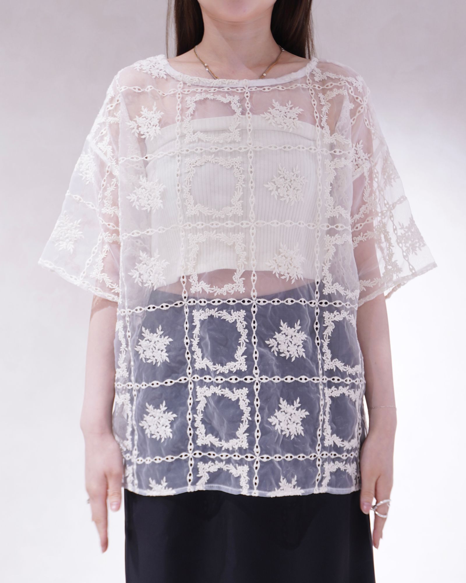 レースビッグTシャツ & リブトップス セット (ナチュラル) square lace big tee & rib tops SET (Natural) /  26SS