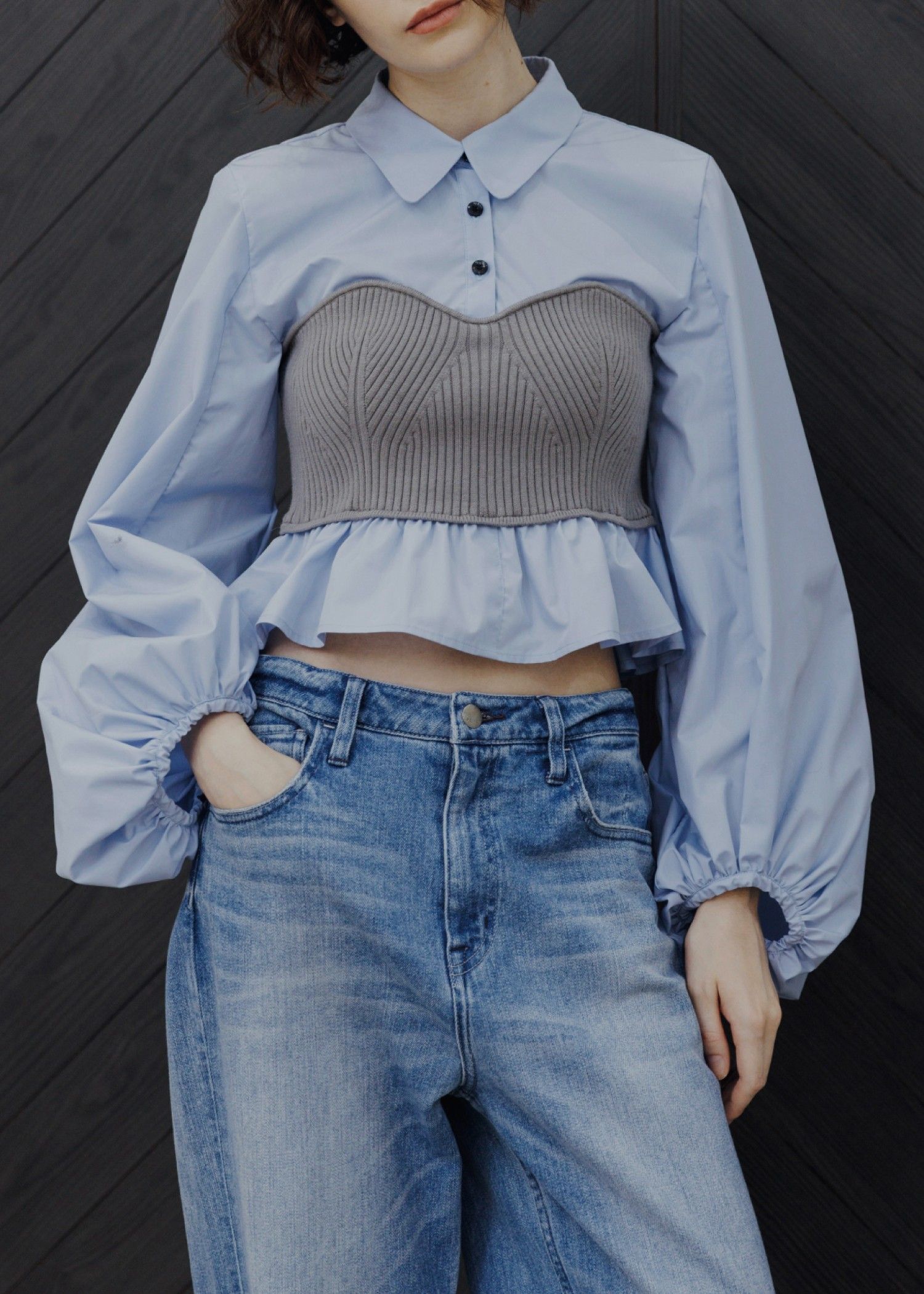 knit bustier docking peplum BL / ニットビスチェ ドッキングペプラムブラウス (サックス) / 25AW