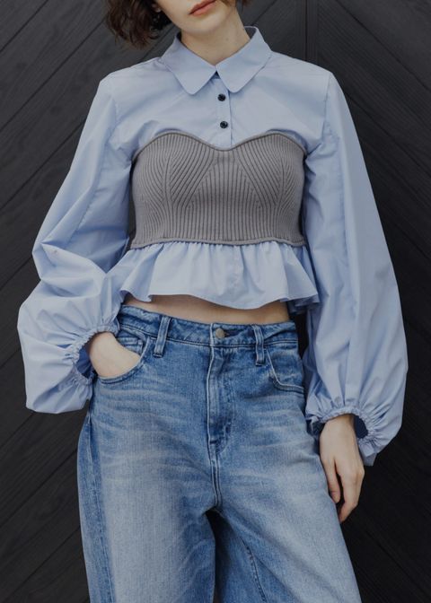 knit bustier docking peplum BL / ニットビスチェ ドッキングペプラムブラウス (サックス) / 25AW