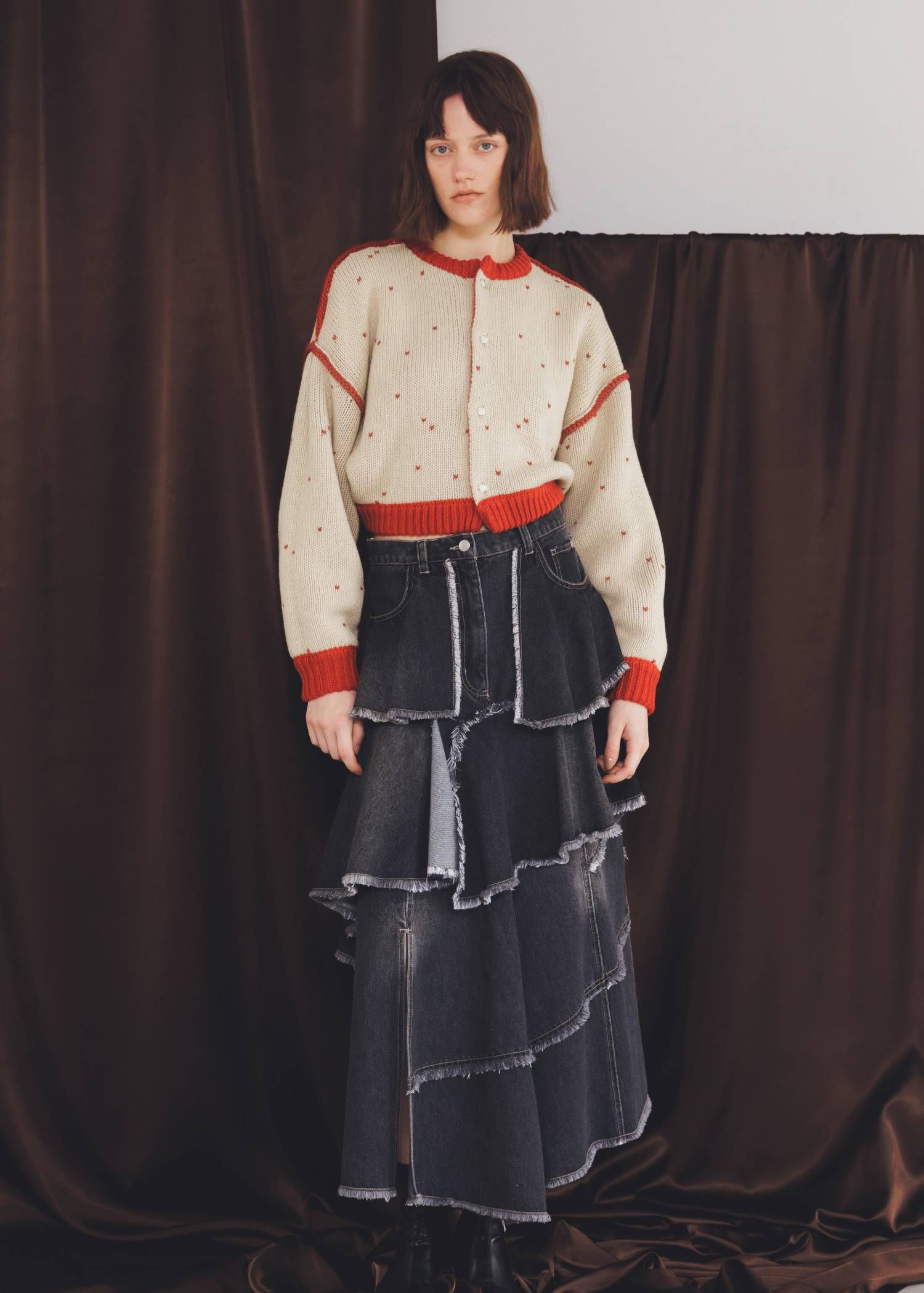 【ショート】ハートドット リバーシブルカーディガン (レッド×タン) short heart dot jacquard reversible knit cardigan (red×tan) /  26SS