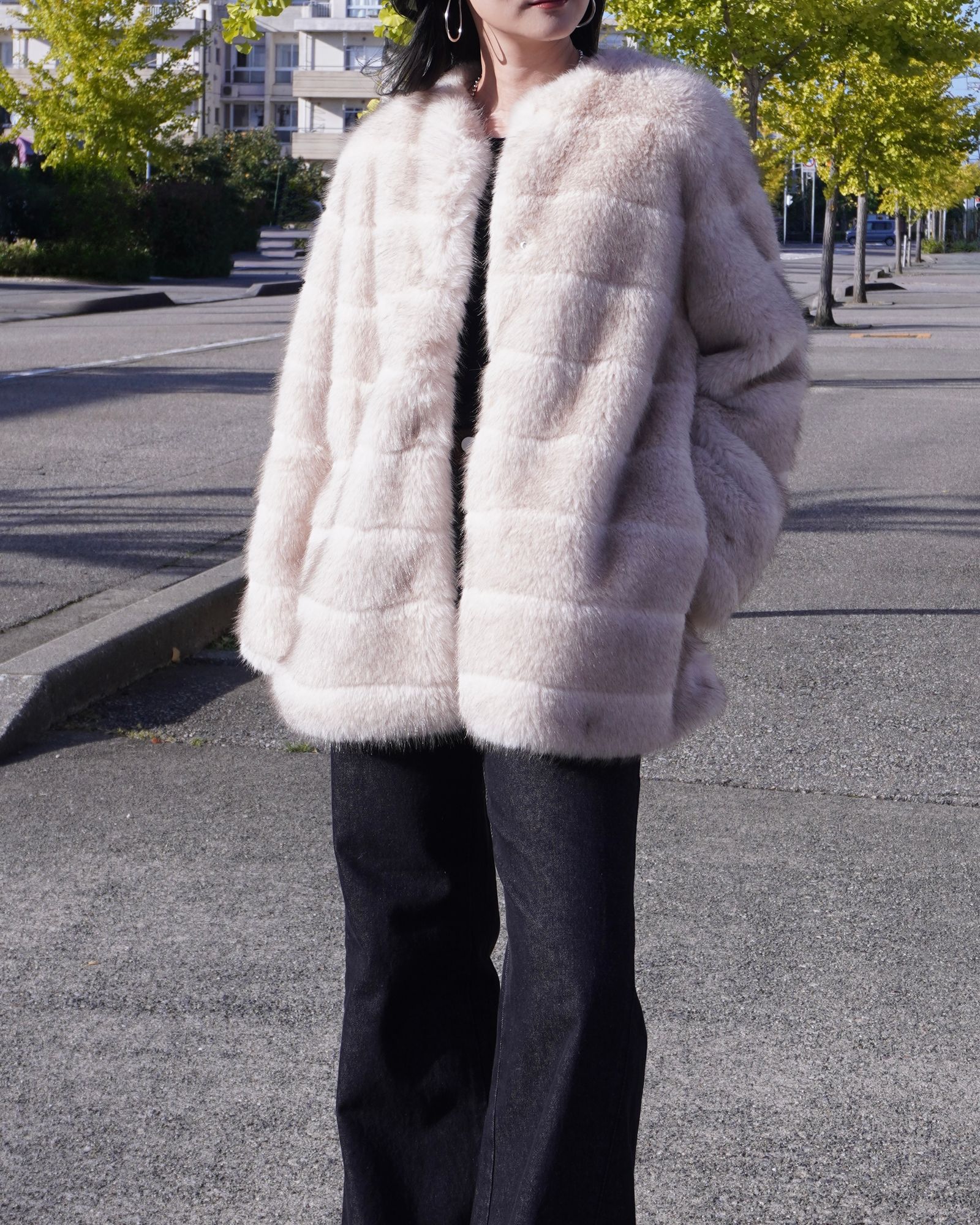 【25AW】Border Fur Coat (クリーム) / ボーダーファーコート / エコファー / フェイクファー