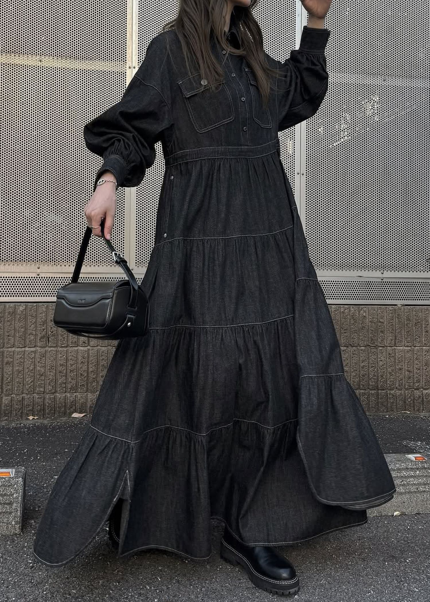 【Healthy DENIM × WILLFULLY】"Aphrodite" tiered denim shirt OP / ヘルシーデニムコラボ デニムシャツワンピース (ブラック) / 25AW /