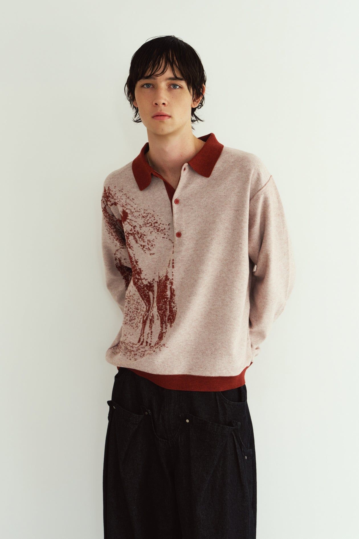 リバーシブル ジャガードポロニット (レッド) reversible jacquard polo knit(unisex) (Red) / 26AW