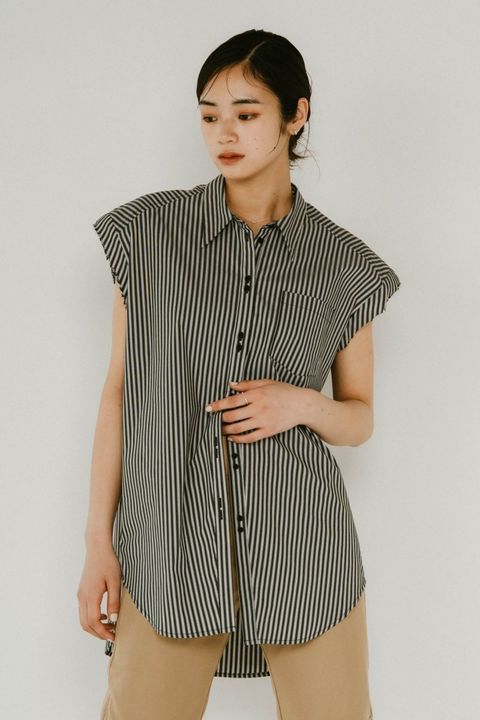 stripe label nosleeve shirt / ストライプ ラベル ノースリーブ シャツ (ブラックストライプ) / 25SS