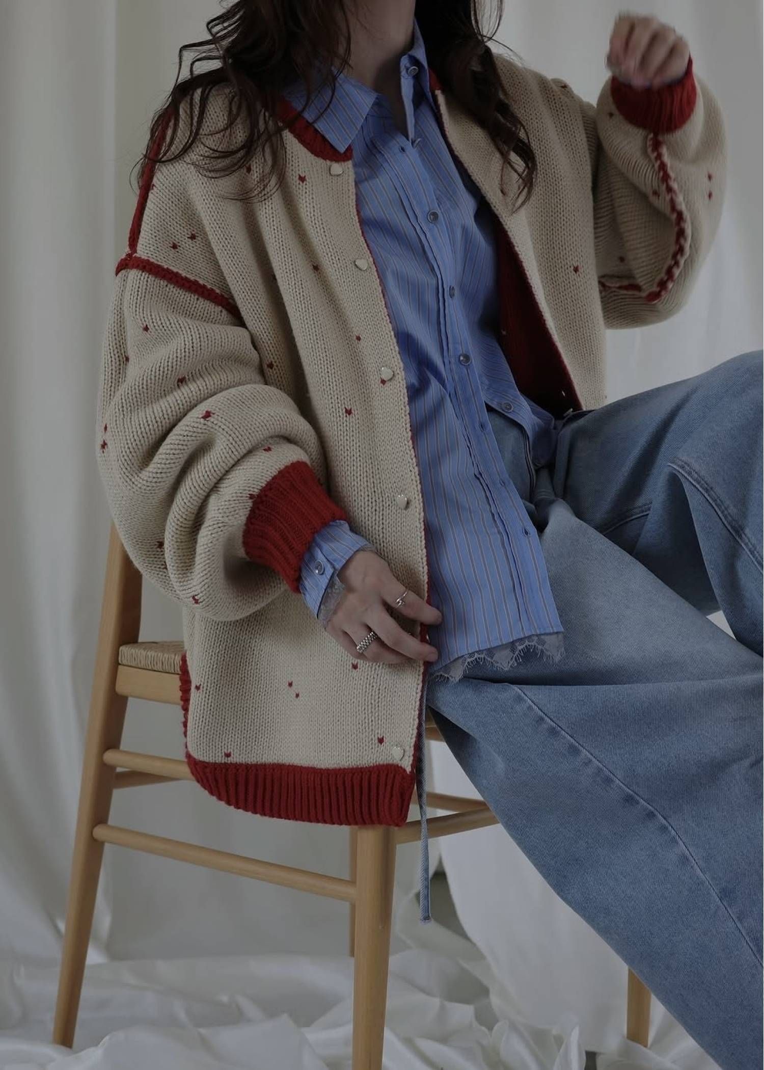 【ロング】ハートドット リバーシブルカーディガン (レッド×タン) long heart dot jacquard reversible knit cardigan (red×tan) /  26SS