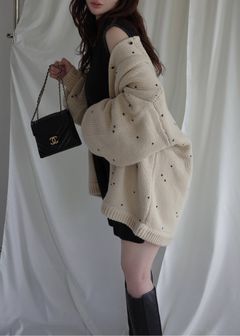 【ロング】ハートドット リバーシブルカーディガン (タン×ブラック) long heart dot jacquard reversible knit cardigan (tan×black) /  26SS