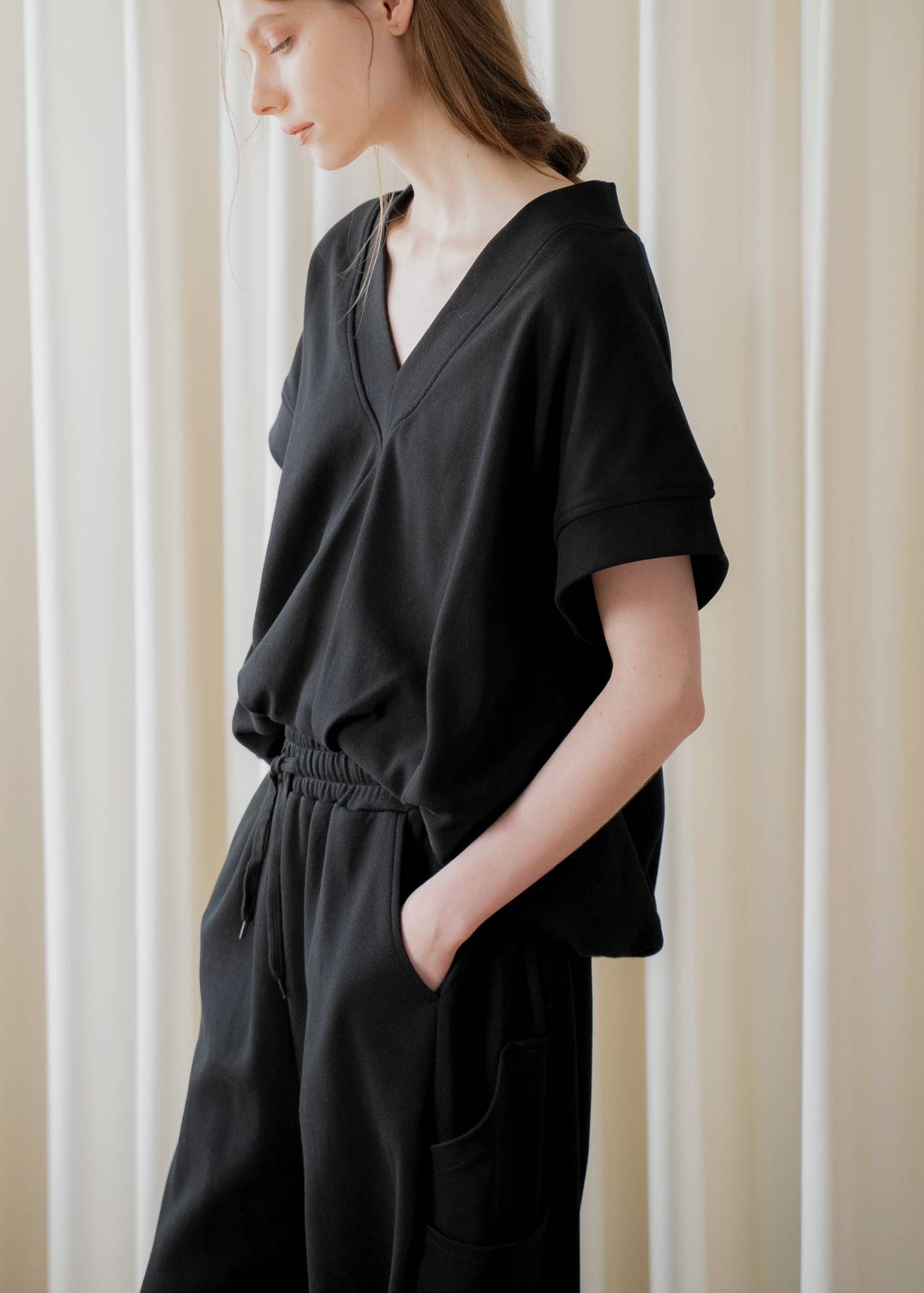 バルーンヘム スウェット半袖トップス (ブラック) balloon hem moss stitch sweat tops (Black) /  26SS