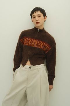 full zip motif cardigan / フルジップ モチーフカーディガン (ブラウン)  Knuth Marf