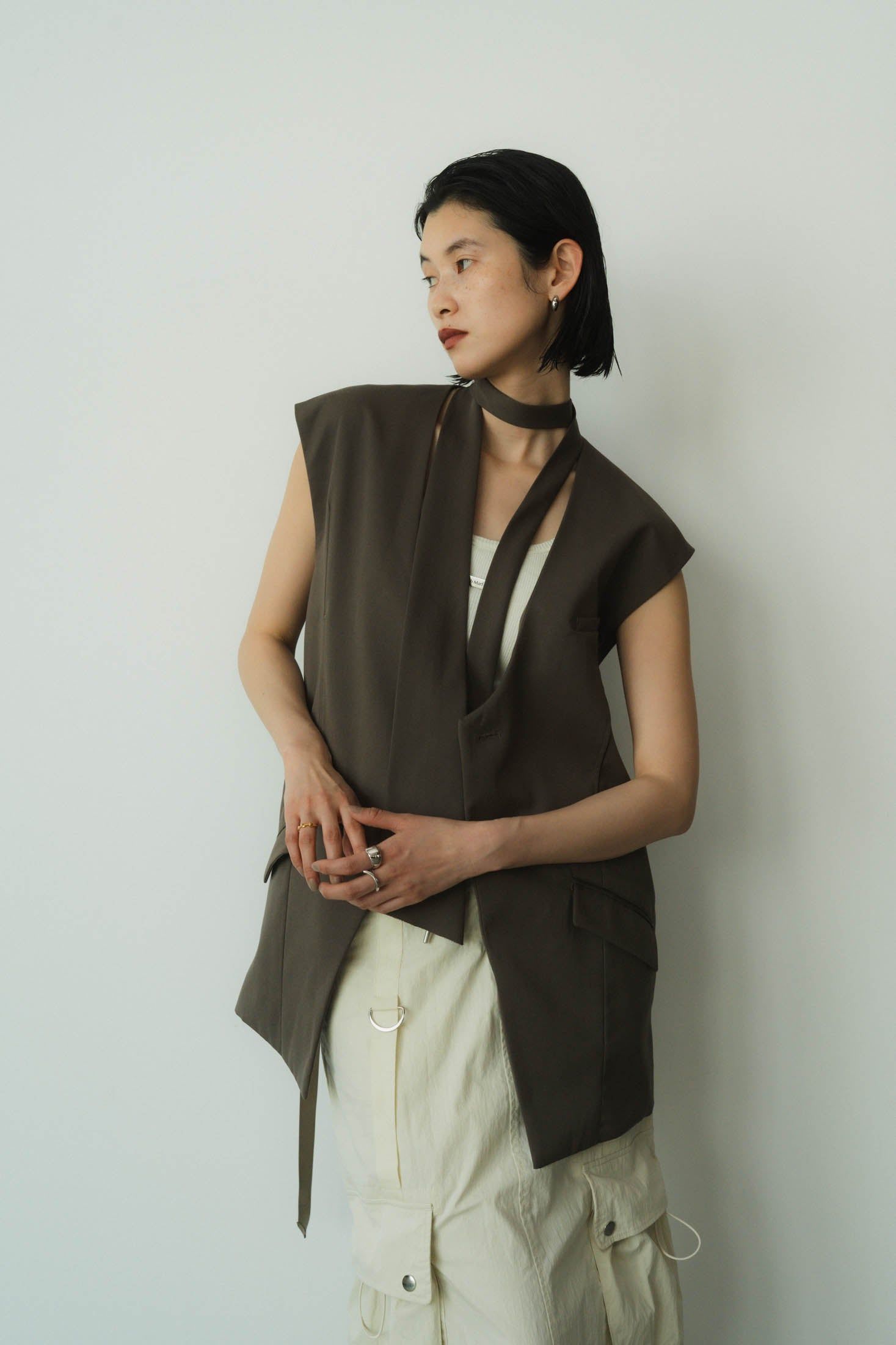 2way collarless gilet / 2ウェイ カラーレスジレ (グレージュ) / ユニセックス