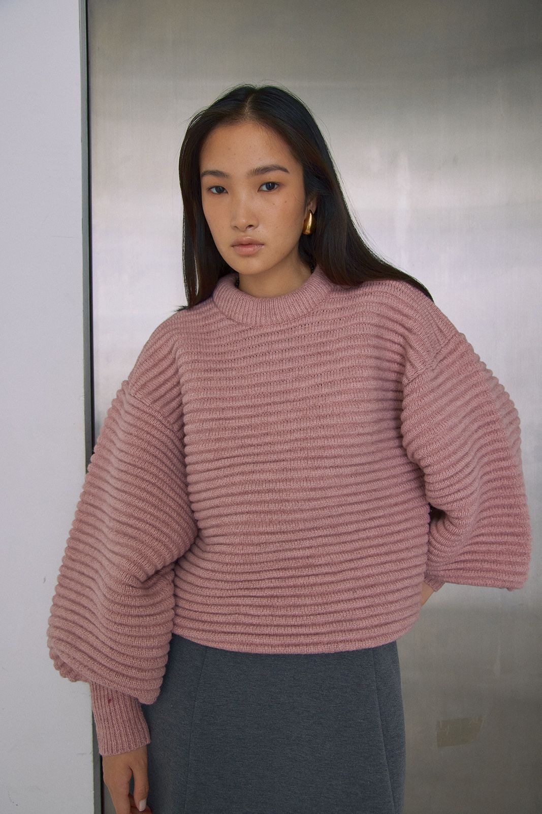 ボリュームスリーブニットトップス (ピンク) Raglan Sleeve Long Coat (Pink) / 26AW