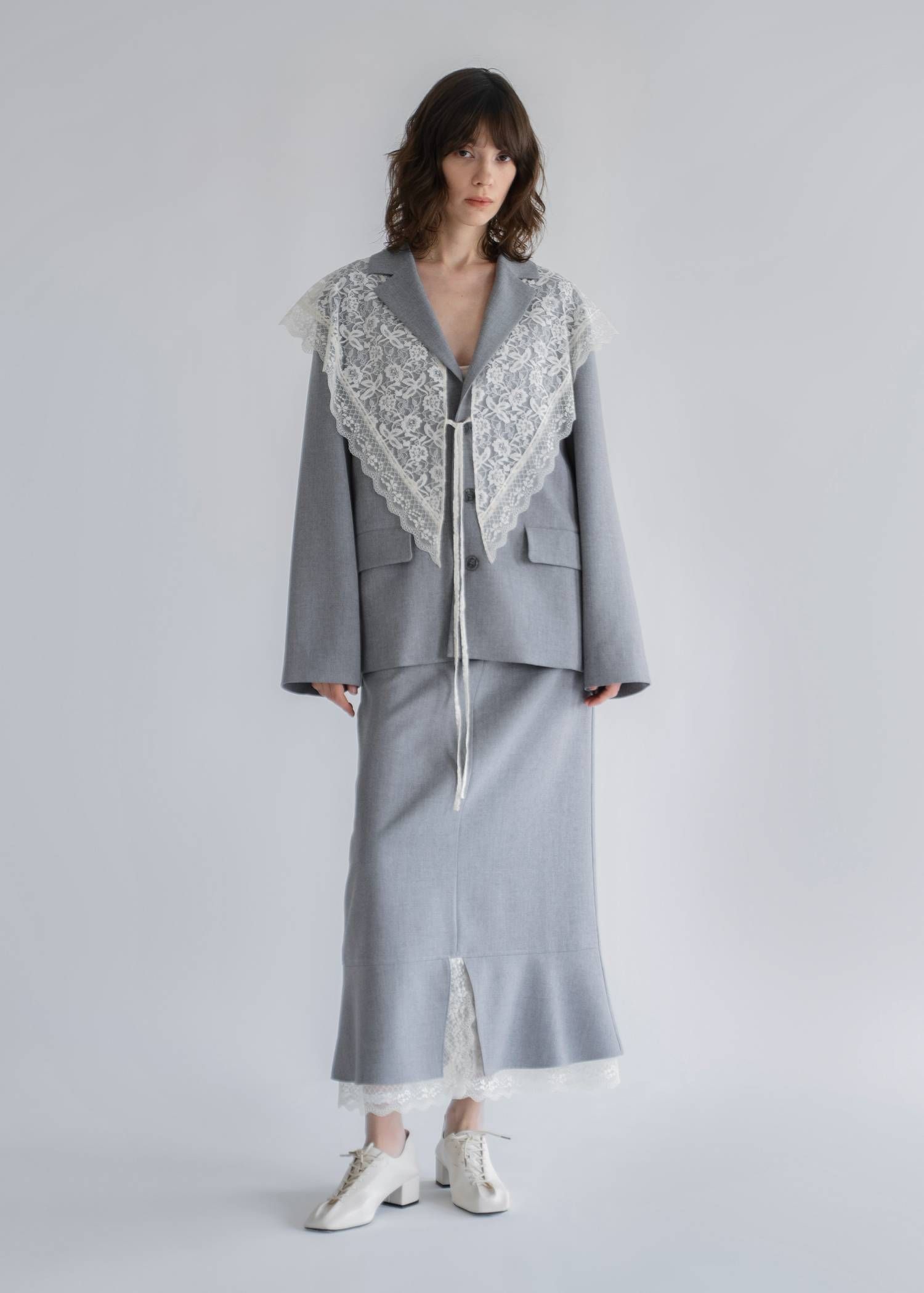アレンジレース ジャケット (ライトグレー) arrangement lace shawl oversize JK (Lgray) /  26SS