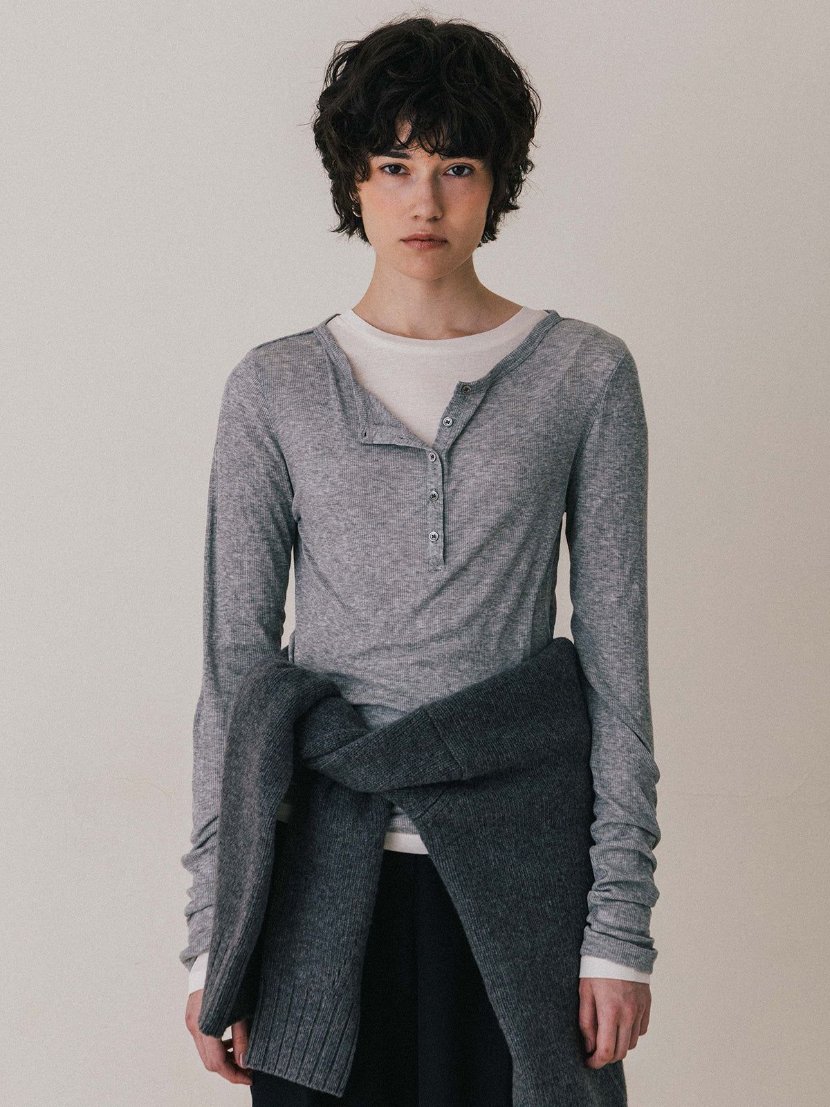 【25AW】LAYERED L/S HENLY TEE / レイヤード ロングスリーブ ヘンリーTシャツ (グレー)