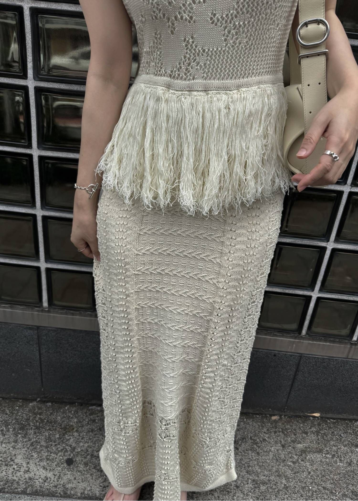 マルチパターン ニットワンピース (ナチュラル) multi pattern jacquard fringe knit OP (Natura) /  26SS