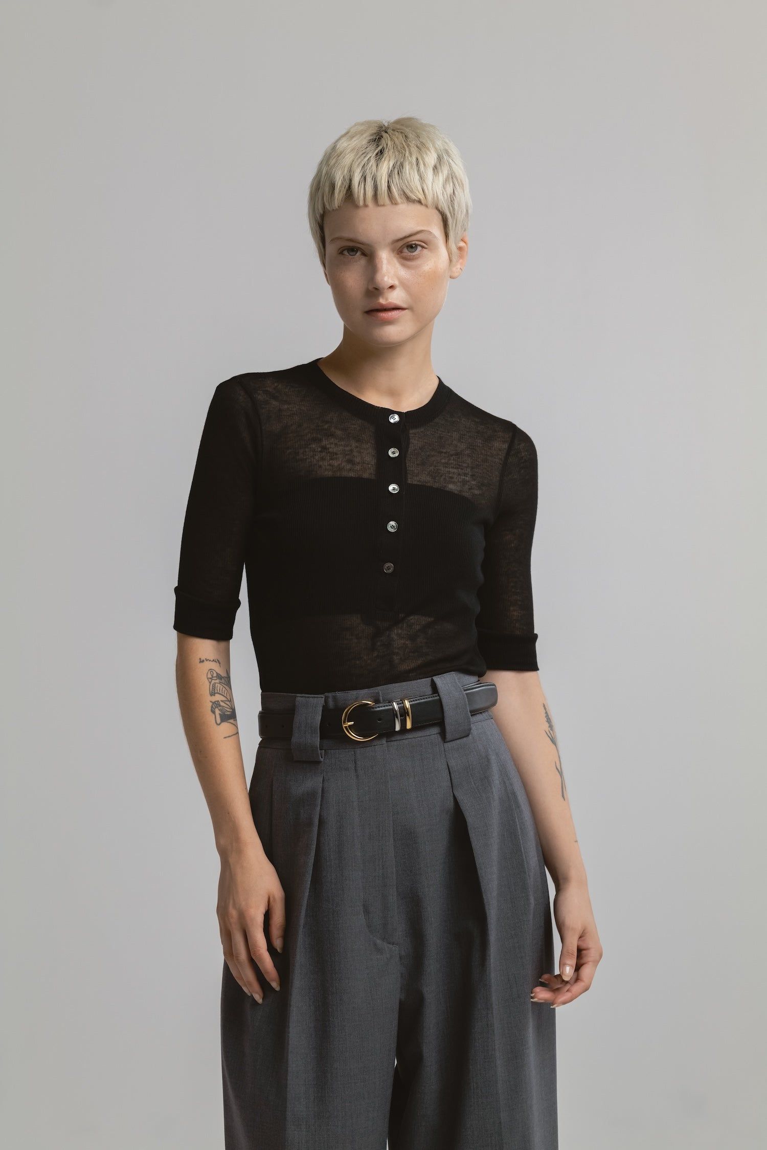 ヘンリートップス (ブラック) TENCEL CASHMERE HENLEY TOP (Black) / 26SS