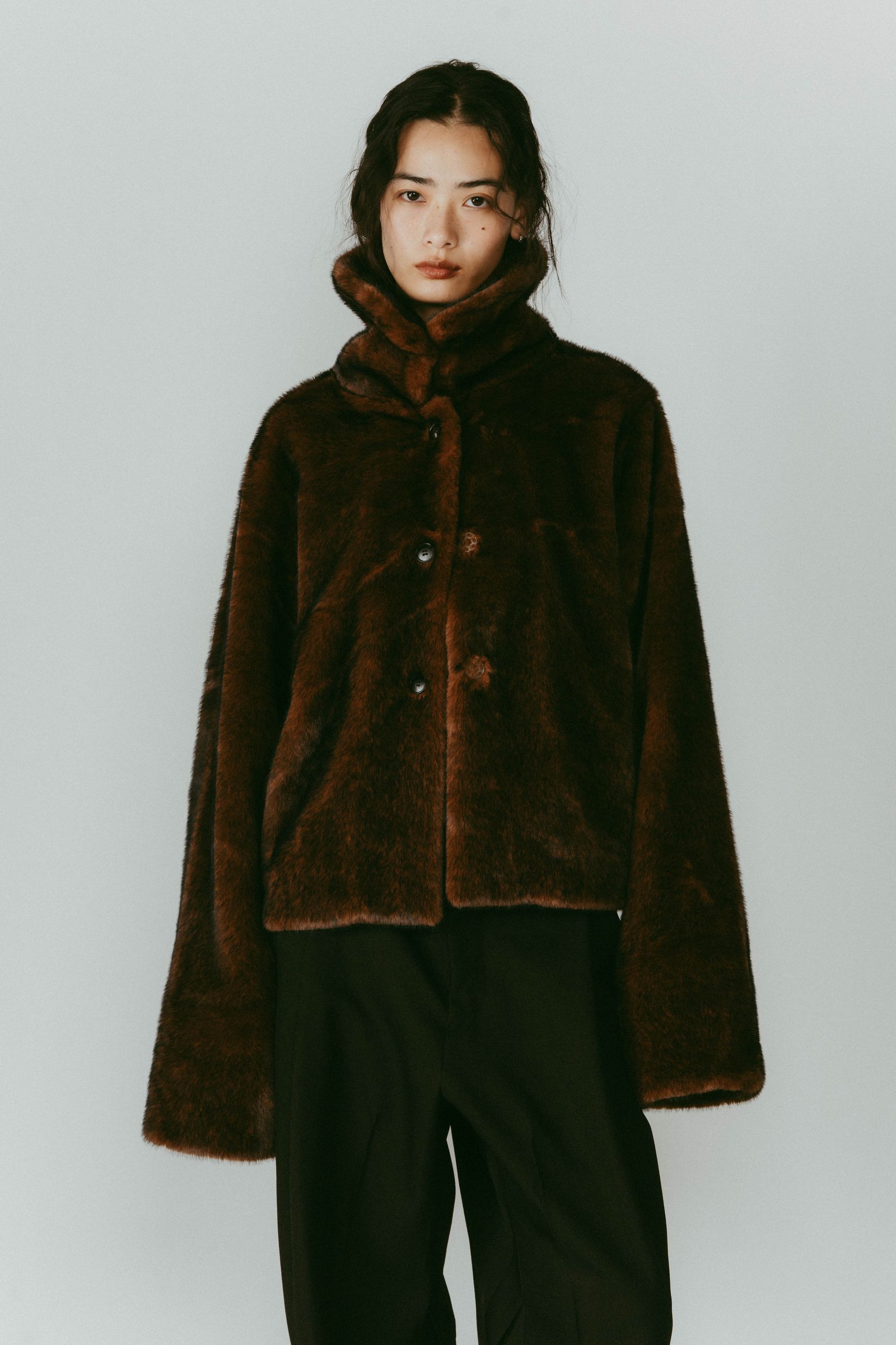 point collar fur coat / ポイントカラー ファーコートジャケット (ブラウン) / 25AW