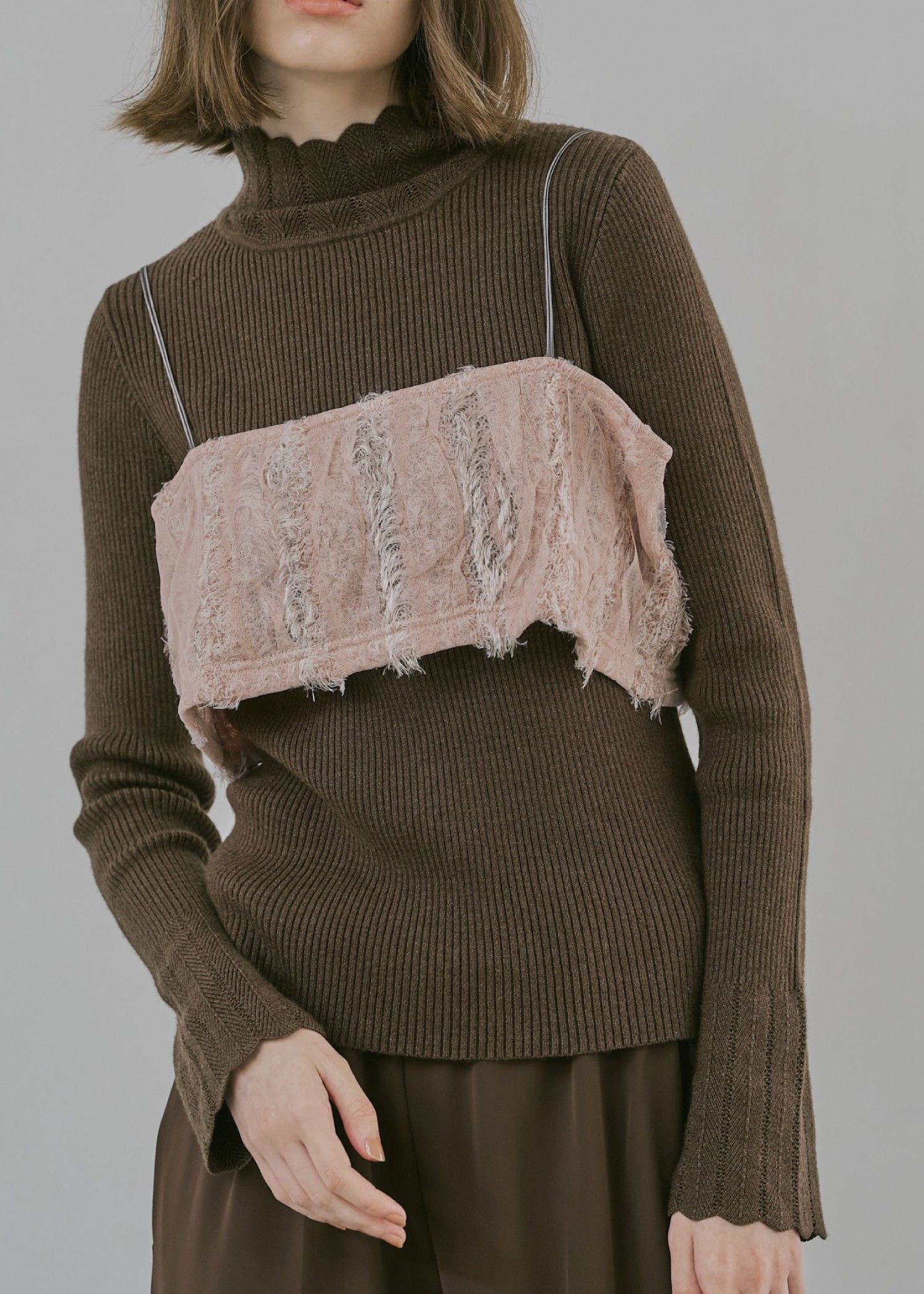 scallop high neck flare sleeve knit / ハイネックフレアスリーブニット (コーヒー) / 25AW /