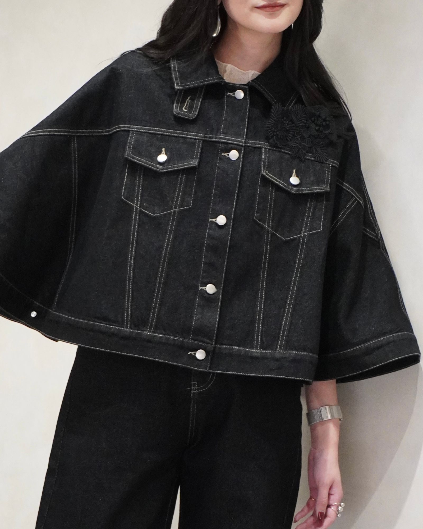 trucker detail denim poncho JK / トラッカー ポンチョ デニムジャケット (Black) / 26SS