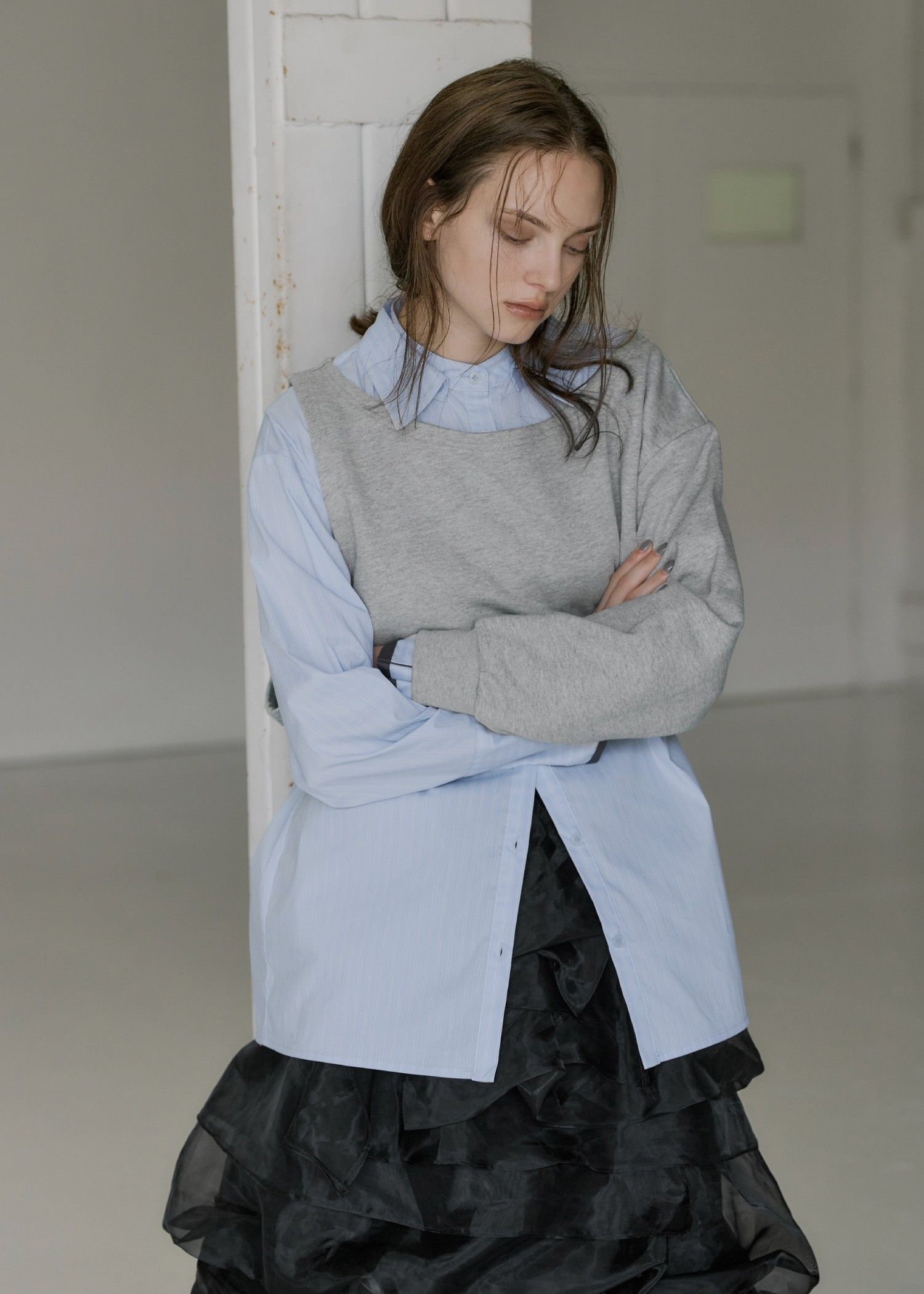 asymmetry 2 piece layered sweat / 2ピースレイヤードスウェット (グレー) / 25AW /