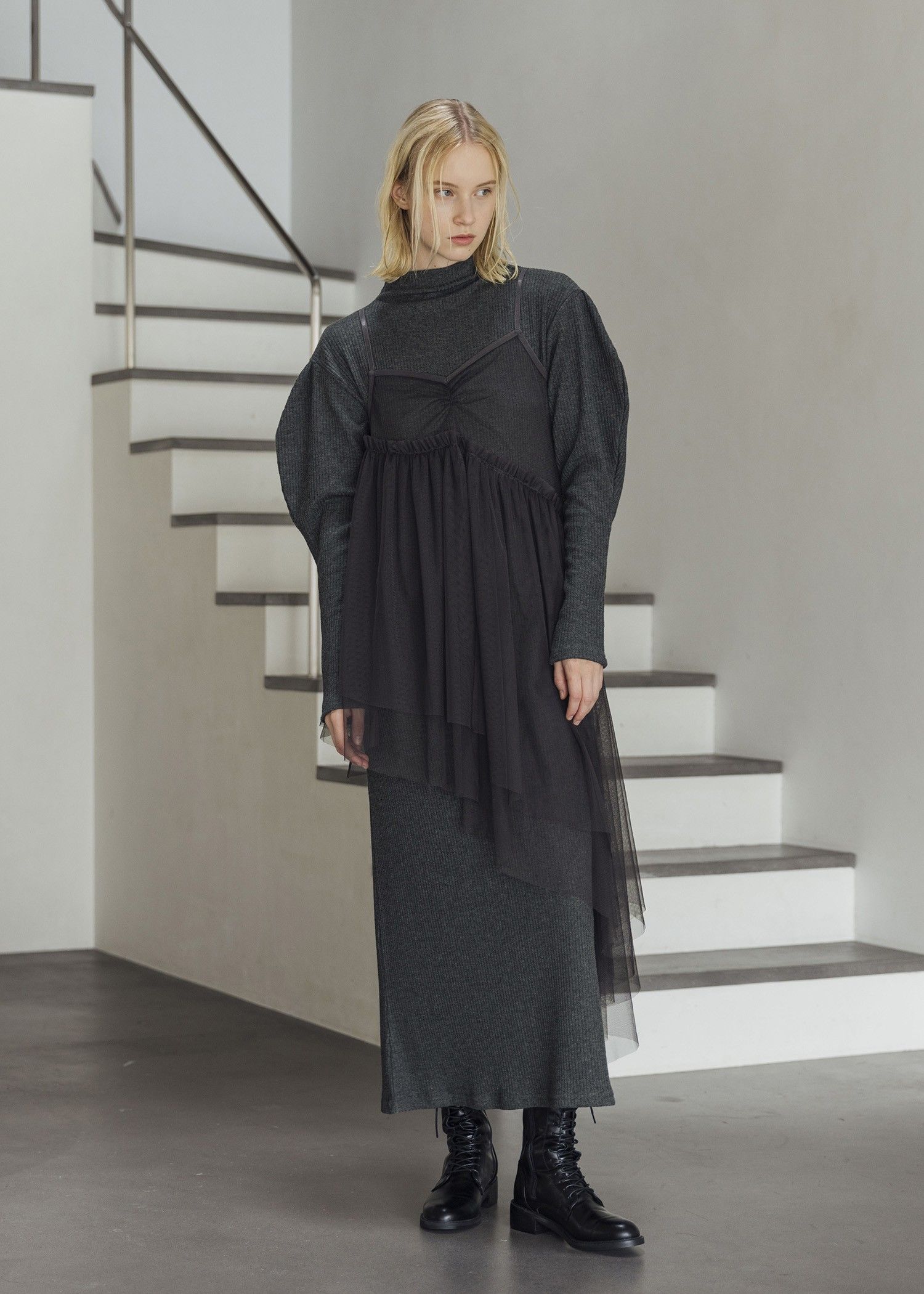 volume sleeve high neck rib OP / ハイネックリブワンピース (チャコール) / 25AW /