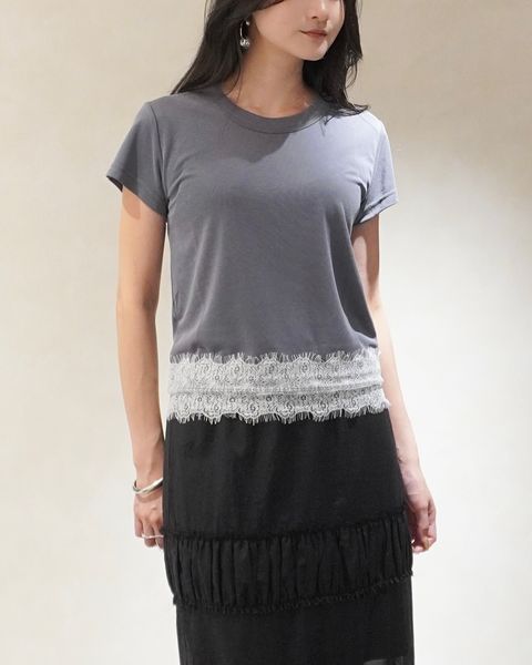 レース コンパクトTシャツ (ブルー) hem scallop lace compact T-Shirt (Blue) /  26SS