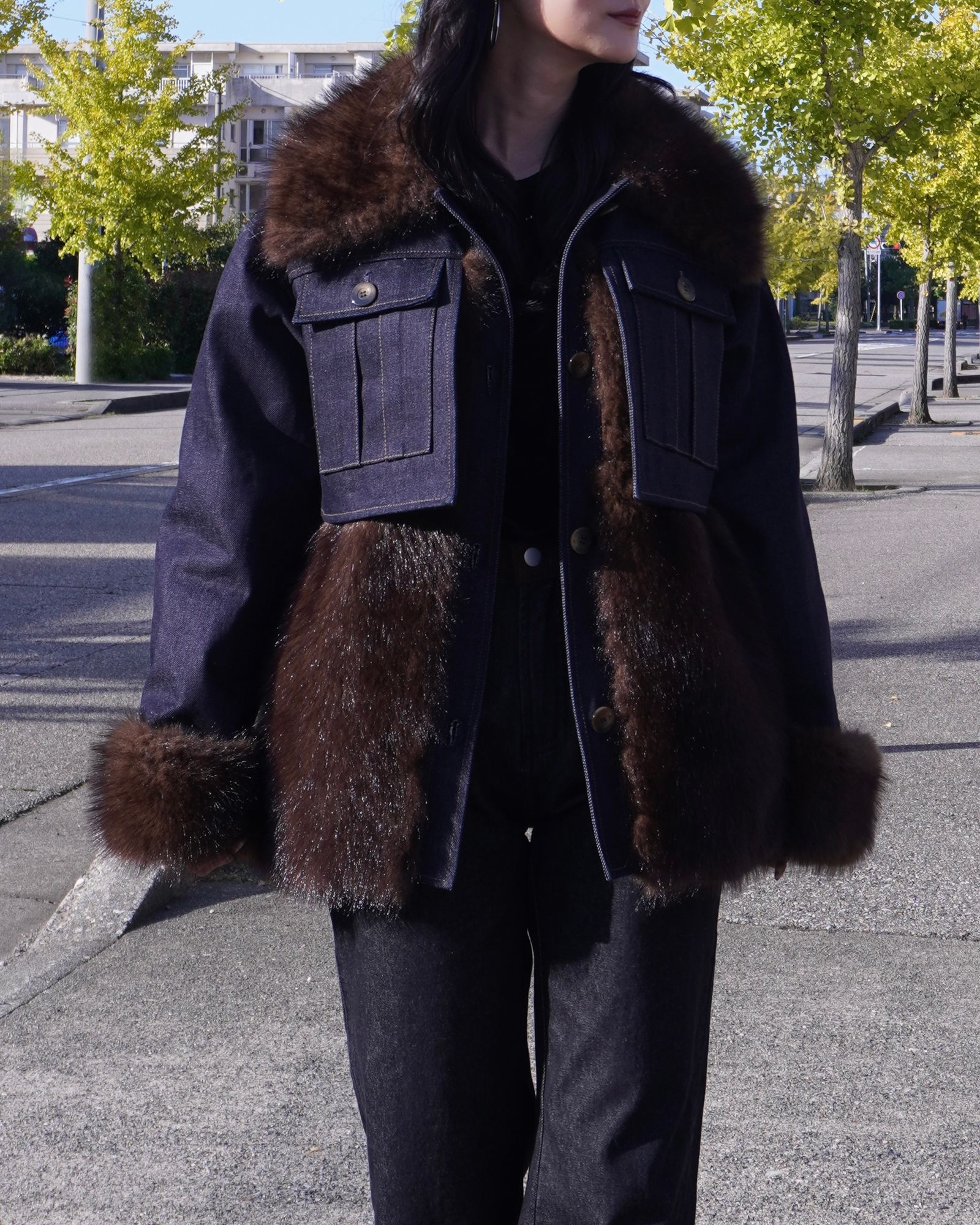 【25AW】Denim Docking Fur Jacket (ダークネイビー) / デニムドッキングファージャケット / エコファー / フェイクファー