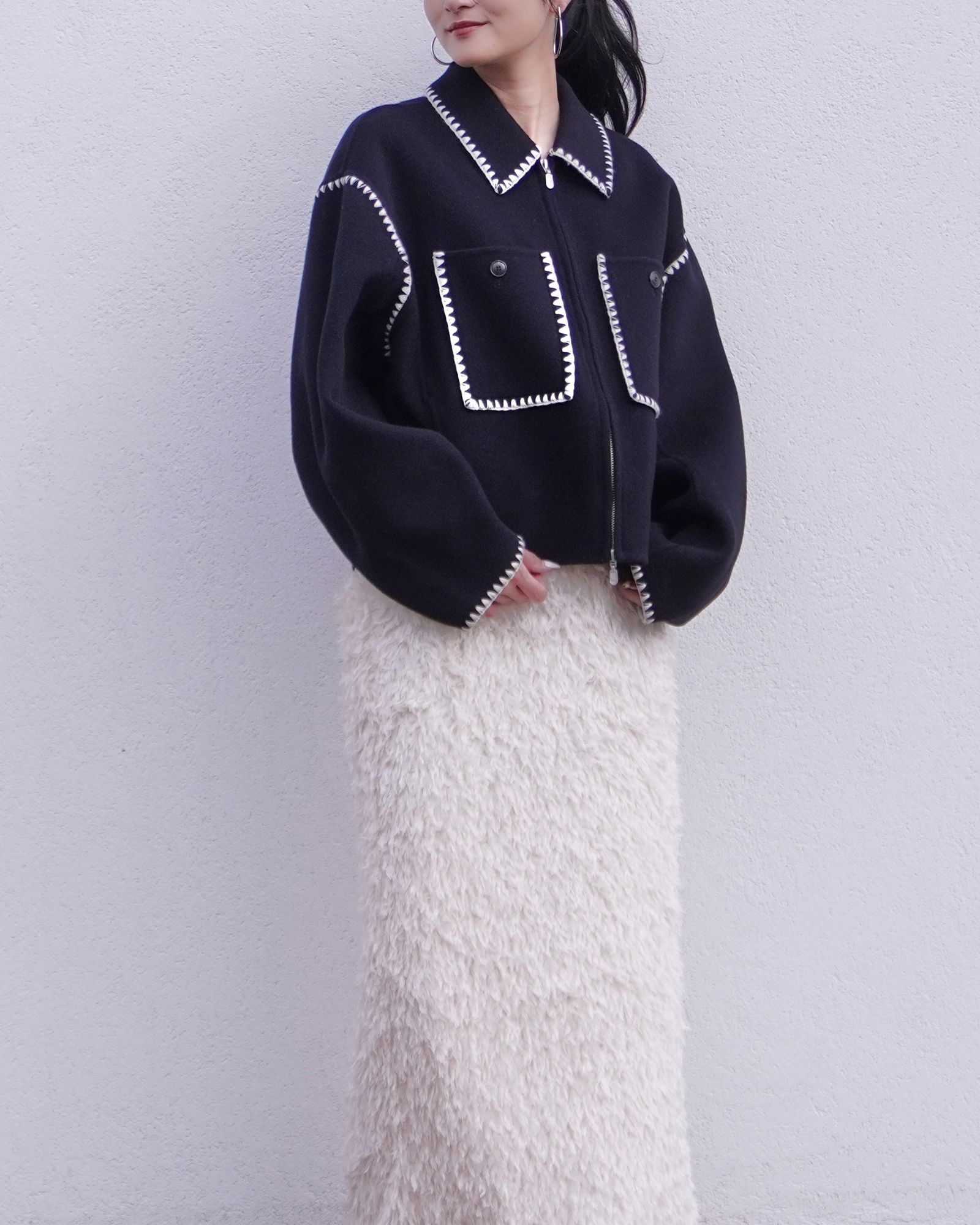 【25AW】WOOL EMBROIDERY SHORT ZIP JACKET / ウールエンブロイダリー  (ブラック)