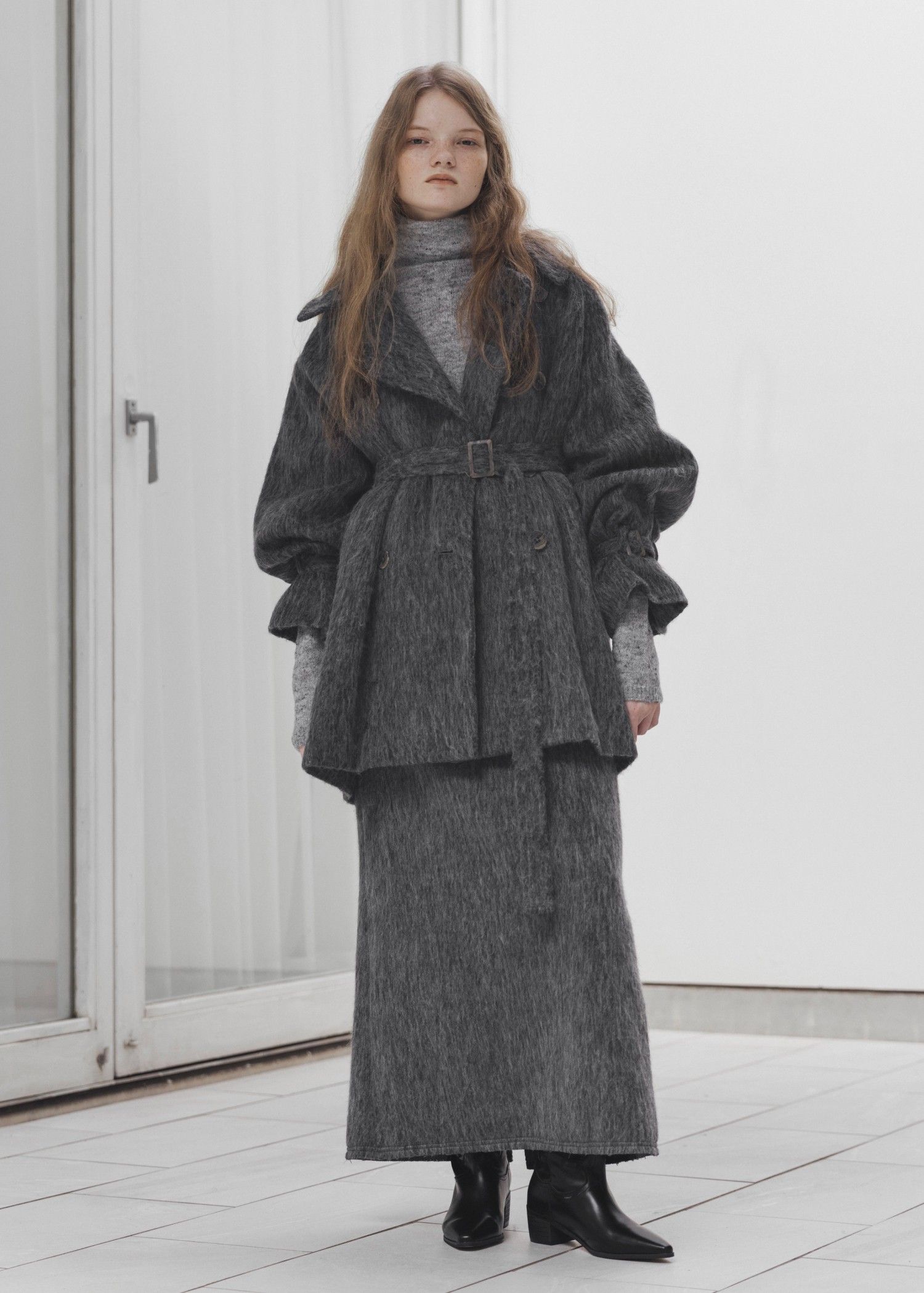 waist frill shaggy pencil SK / ウエストフリル シャギーペンシルスカート (チャコール) / 25AW /