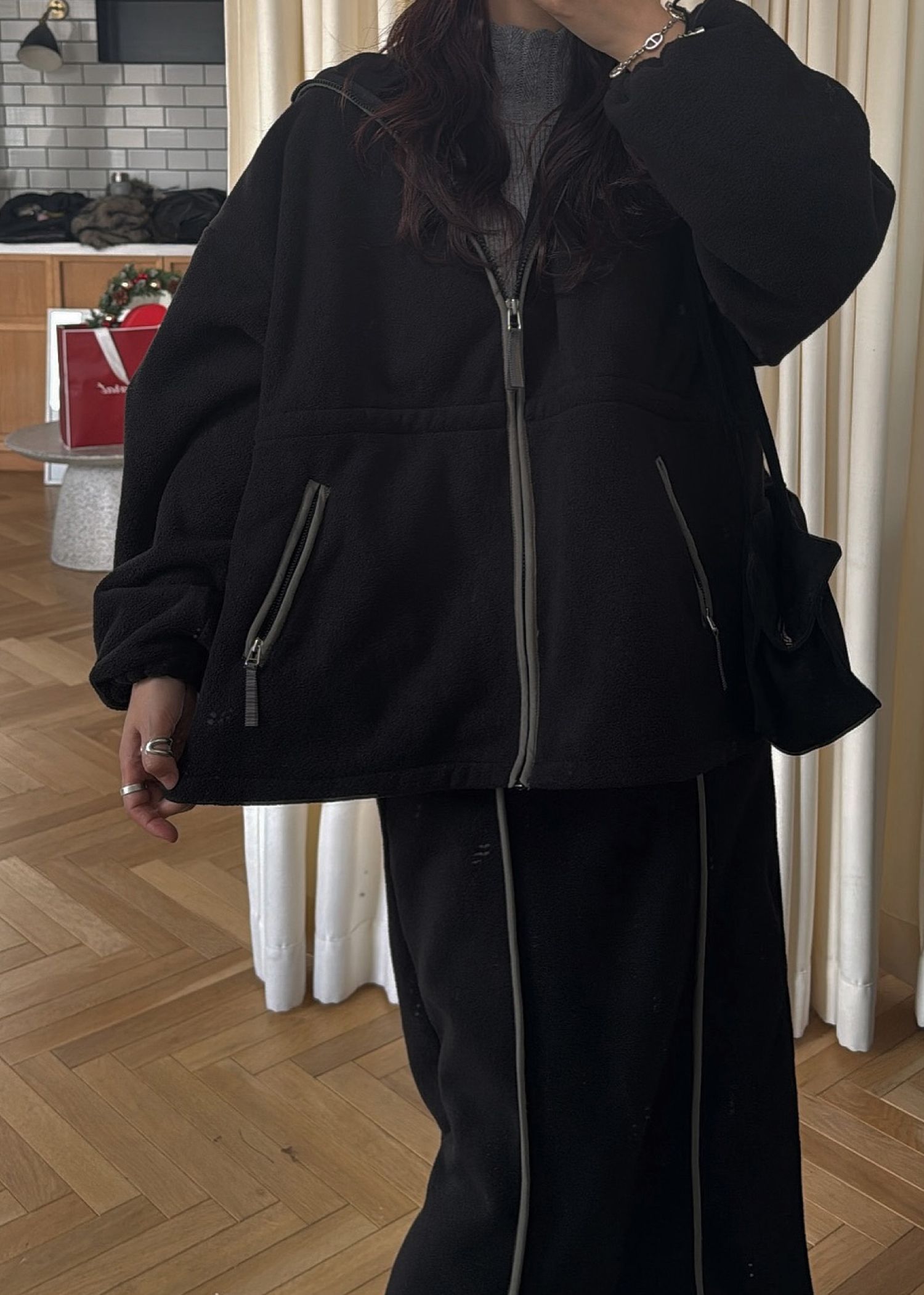 bi color piping fleece drawstring tops / バイカラー フリーストップス (ブラック) / 25AW /