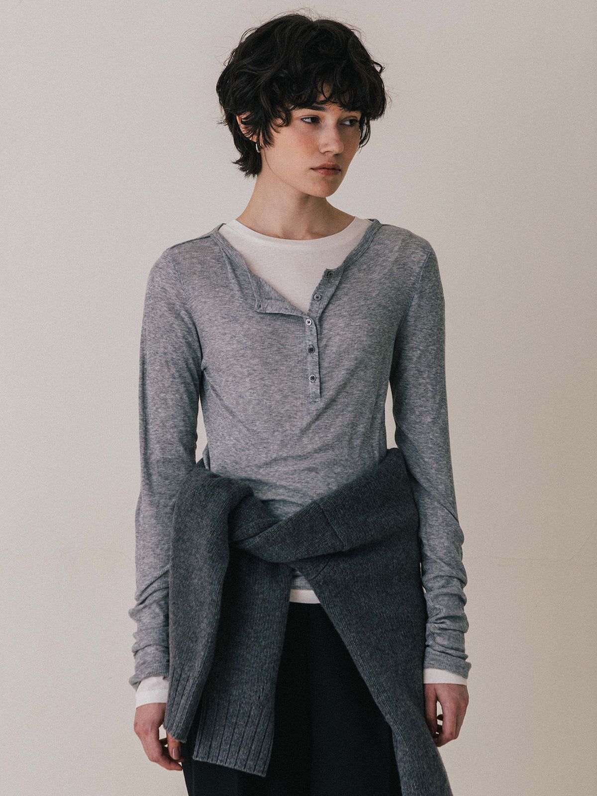 【25AW】LAYERED L/S HENLY TEE / レイヤード ロングスリーブ ヘンリーTシャツ (グレー)