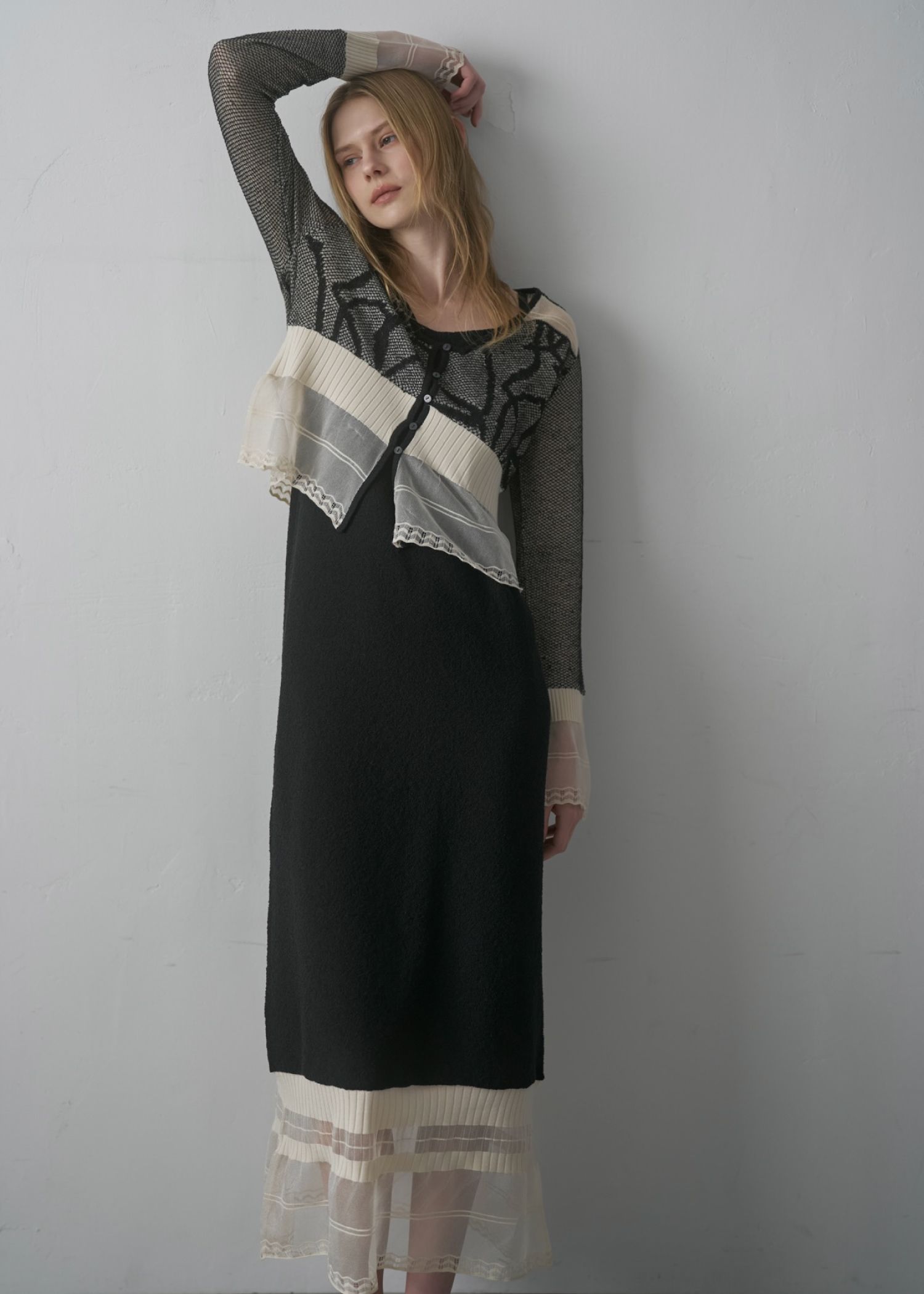 ジャガードパターン シアーカーディガン (ブラック) jacquard pattern sheer knit cardigan (Black) /  26SS