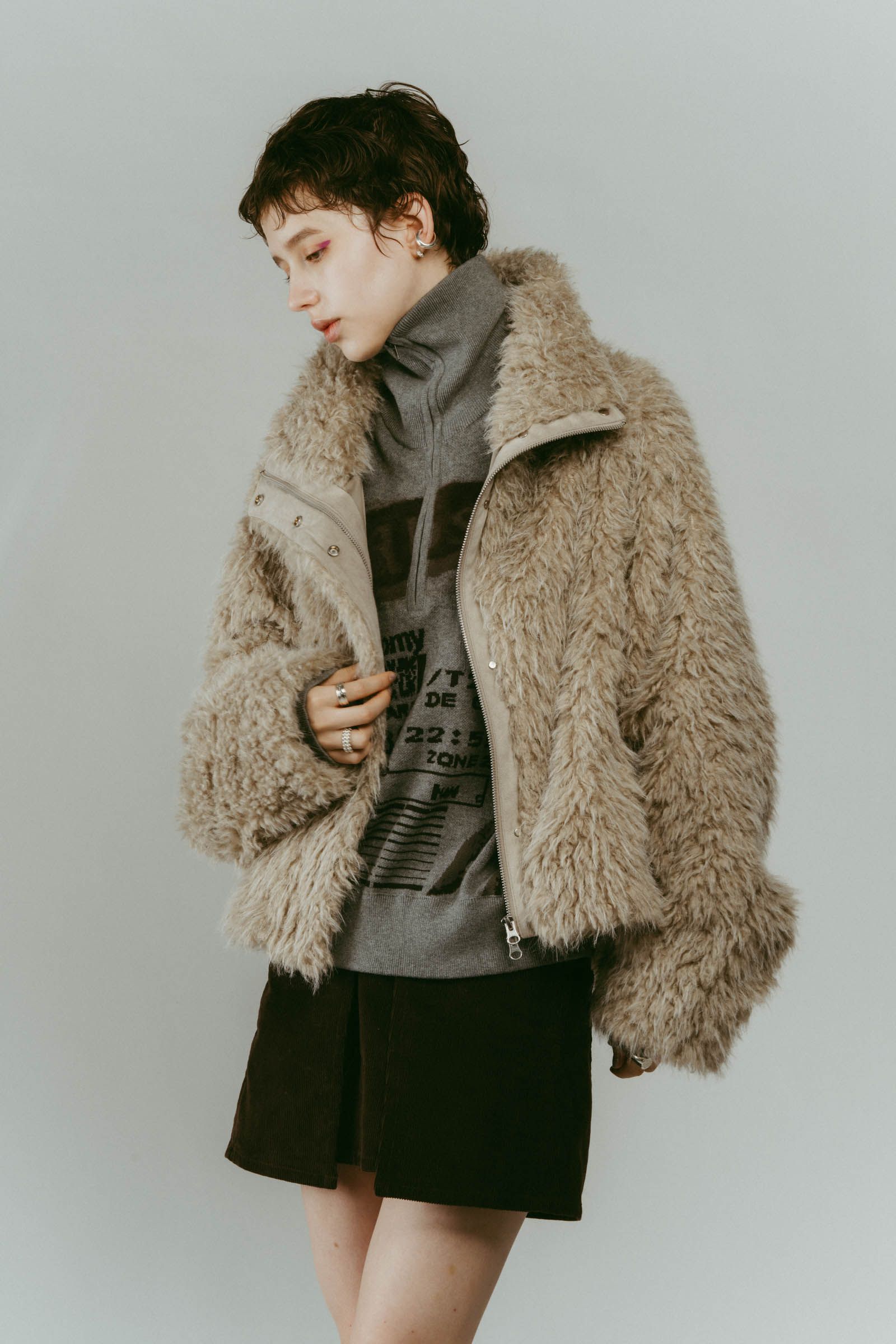 shaggy stand collar coat / シャギースタンドカラーコートブルゾン (アイボリー) / 25AW