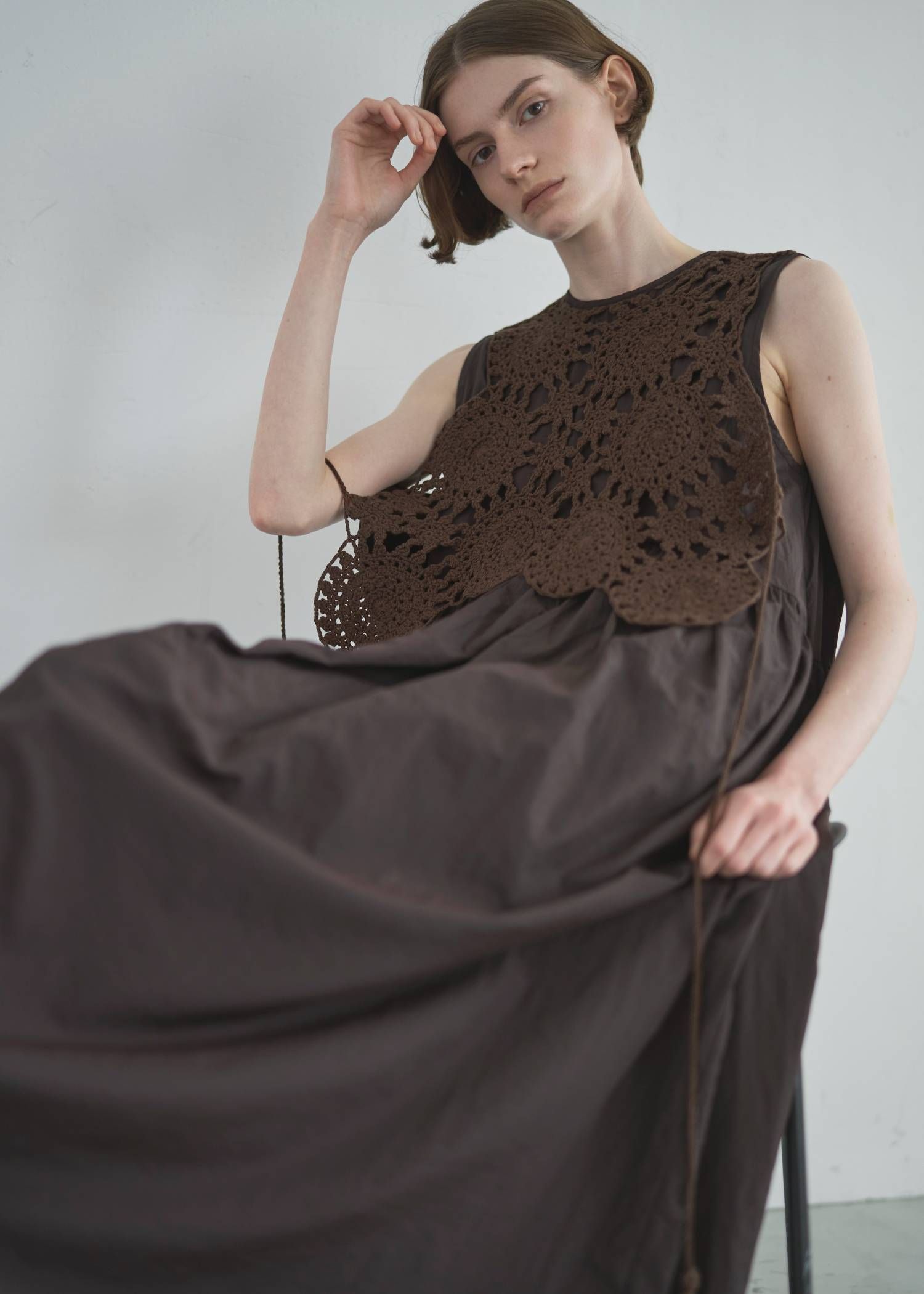 クロシェ ナイロンワンピース (ブラウン) crochet knit layered nylon OP (Brown) /  26SS