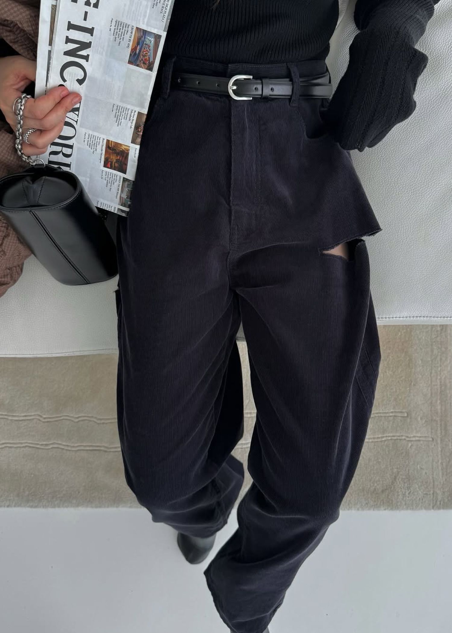 corduroy loose asymmetry notch PT / コーデュロイ ルーズノッチパンツ (ダークブルー) / 25AW /