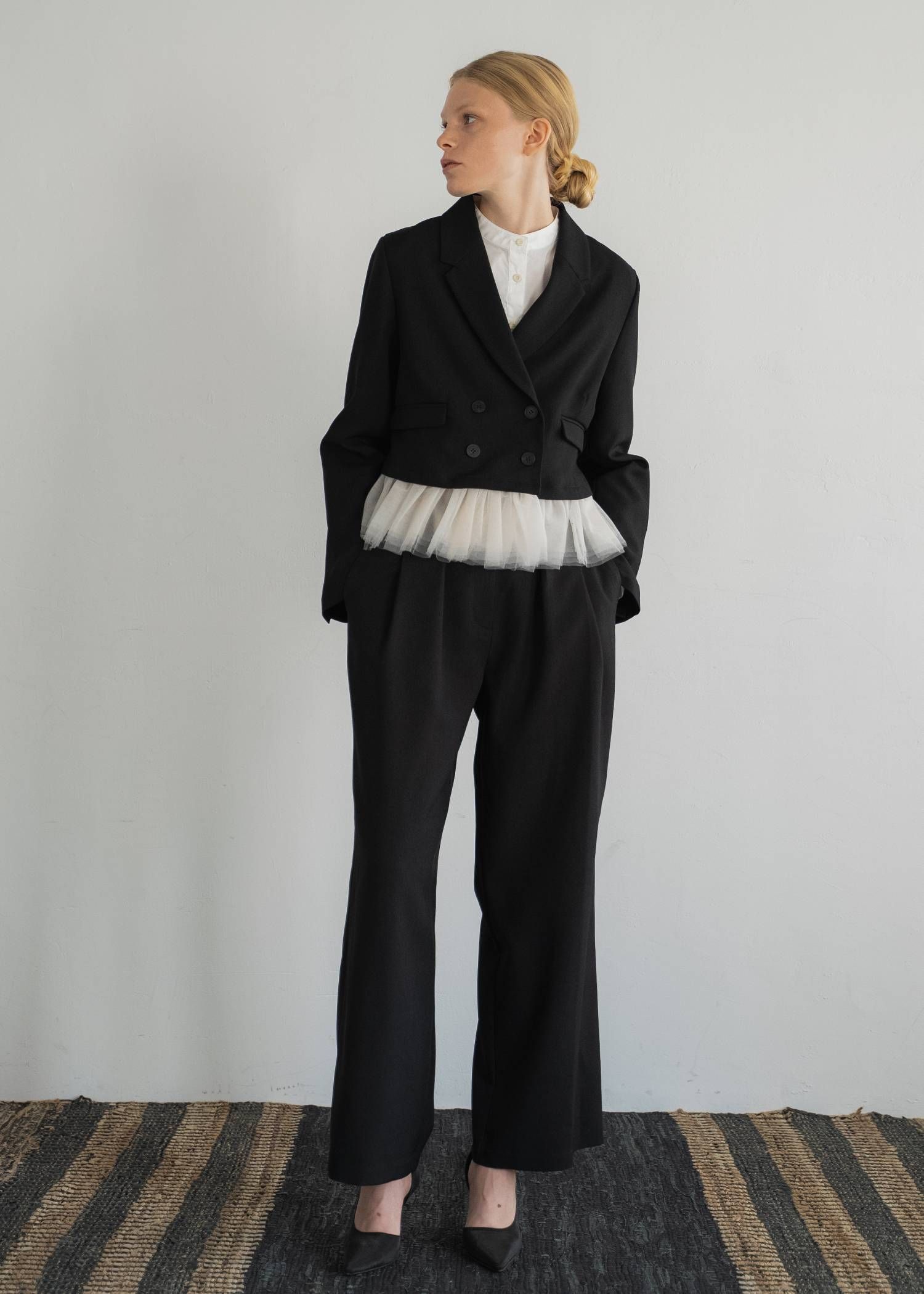 ペプラム チュール クロップド テーラードジャケット (ブラック) detachable peplum tulle cropped tailored JK (Black) /  26AW