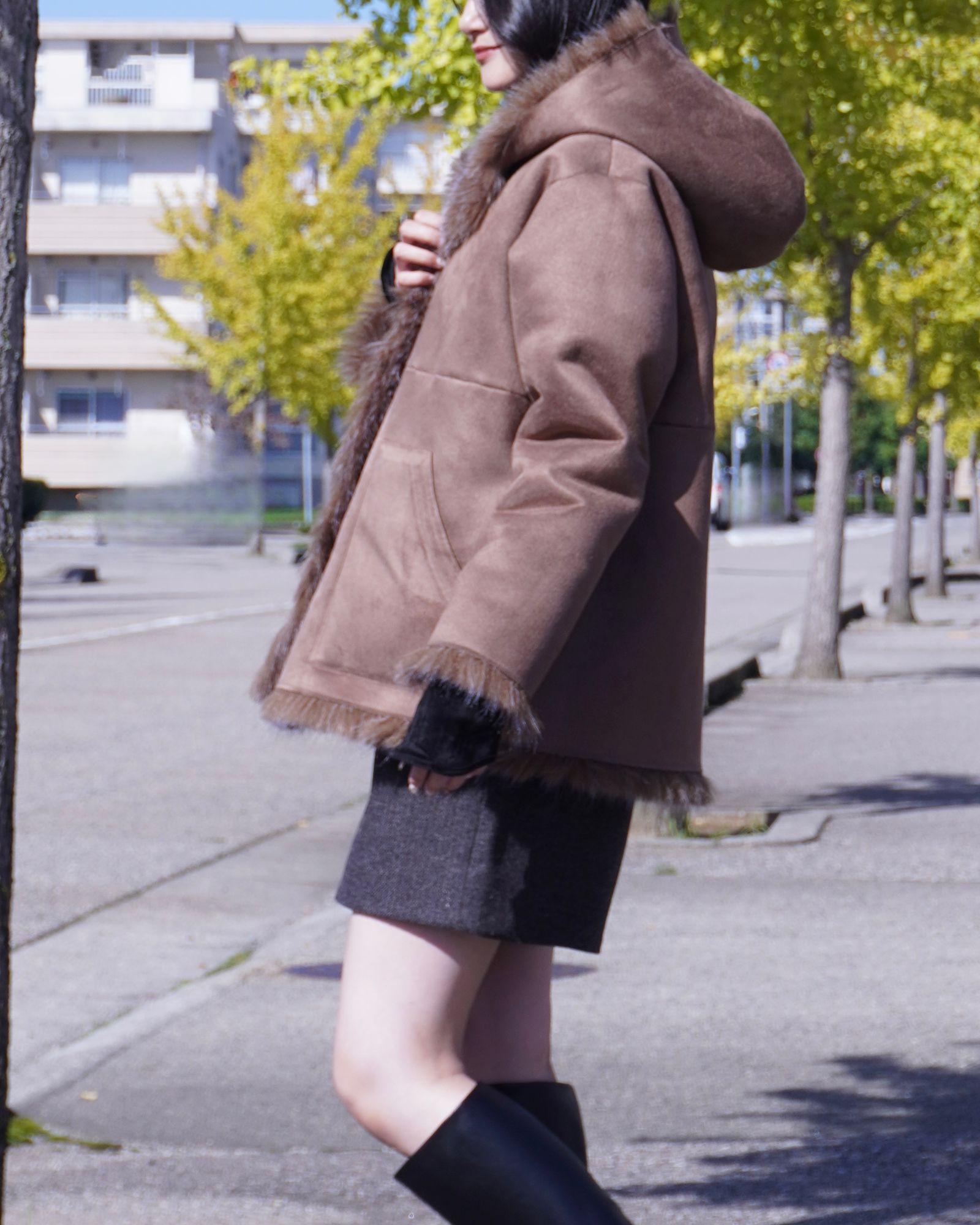 【25AW】Fox Like Fur Hoodie Coat / フォックスライクファー リバーシブルフーディコート (ブラウン) / エコファー / フェイクファー