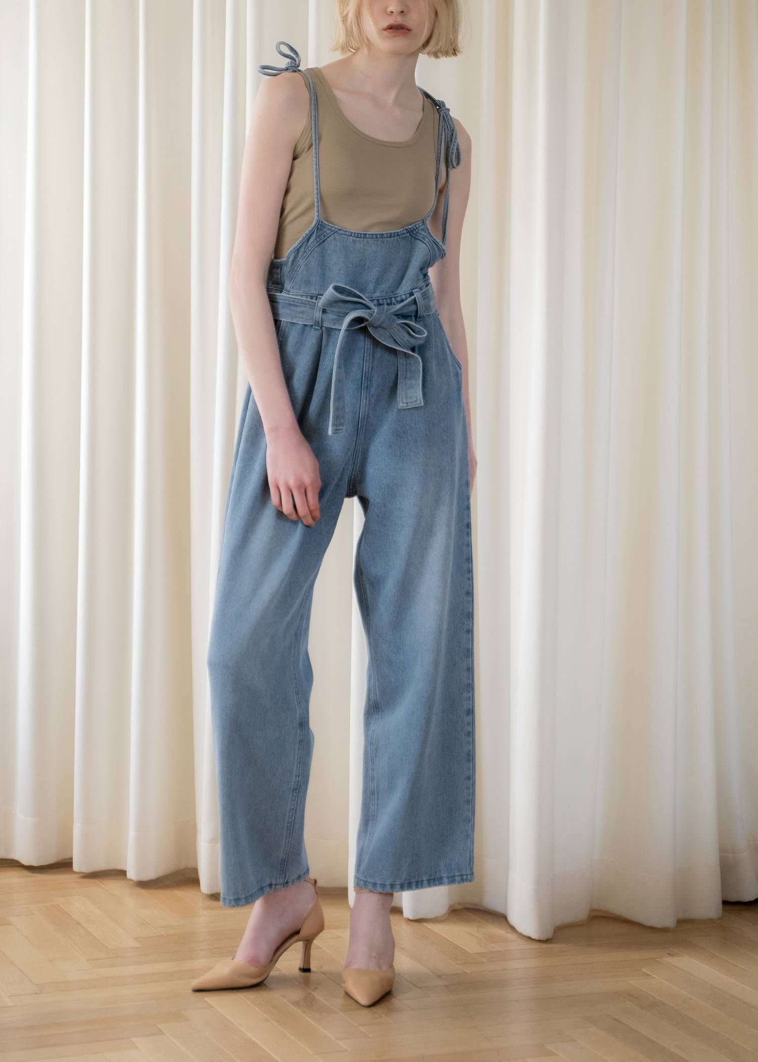 デニム リボンサロペット (ブルー) denim tapered ribbon salopette (Blue) /  26SS
