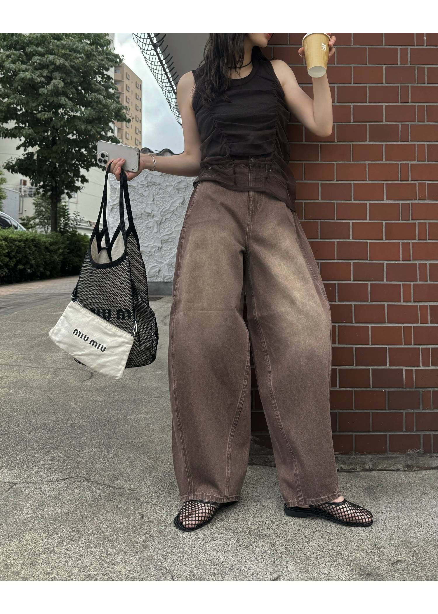 チュールリブタンク (チャコール) gather tulle layered rib tank (Charcoal) /  26SS