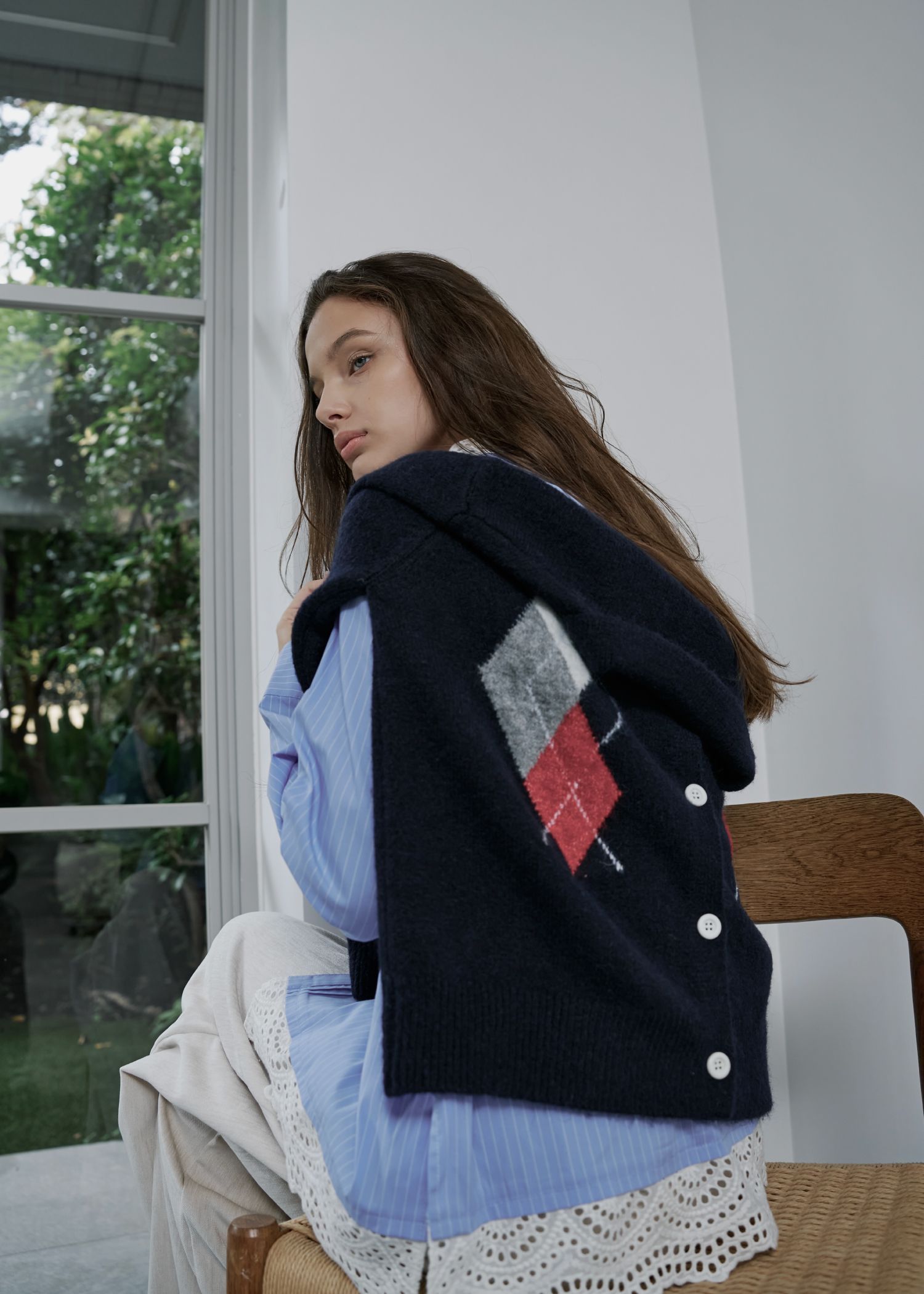 chic soft touch argyle knit cardigan / ソフトタッチ アーガイルニットカーディガン (ネイビー) / 25AW /